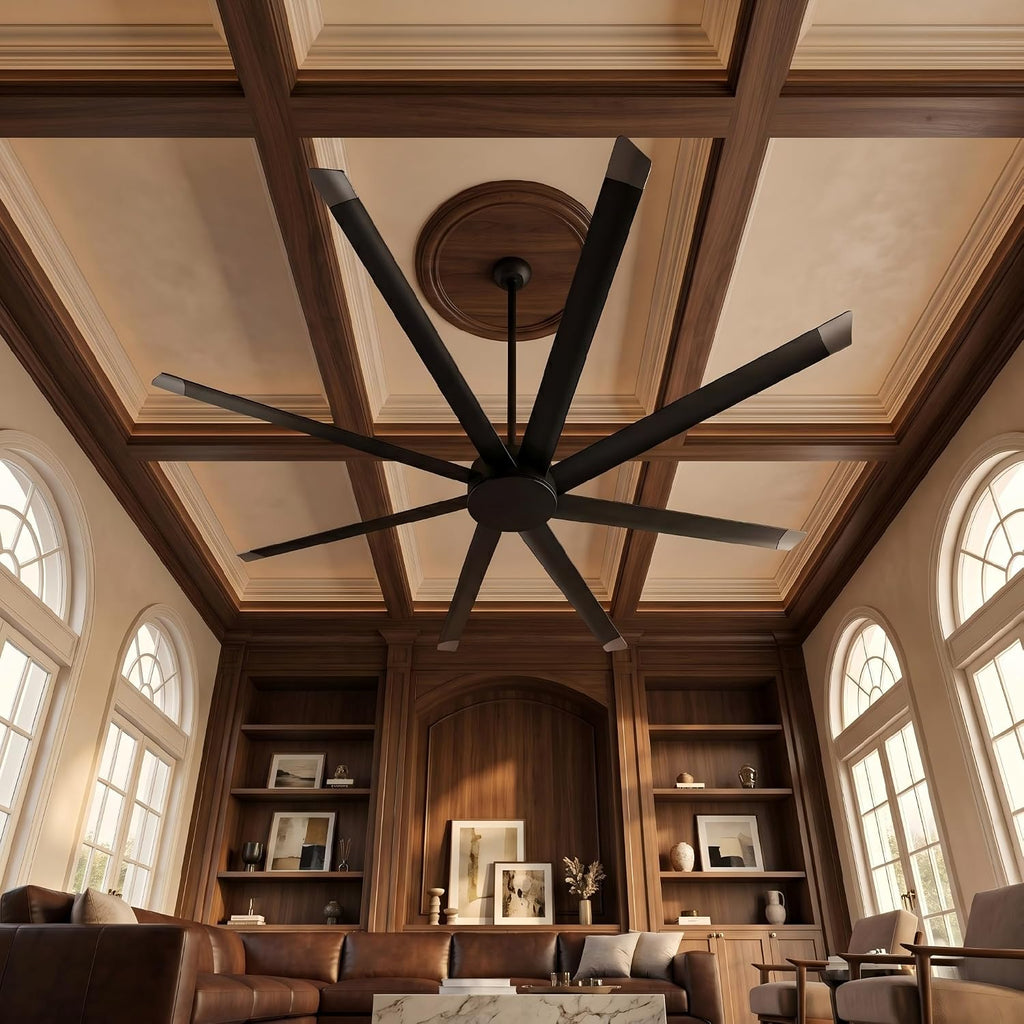 100 Inch Ceiling Fan without Lights, Industrial Commercial Ceiling Fan with Remote, 6 Speeds Quiet DC Motor, Reversible Large Shop Fan for Patio Garage Barn Gym, 8 Aluminum Blades, Matte Black