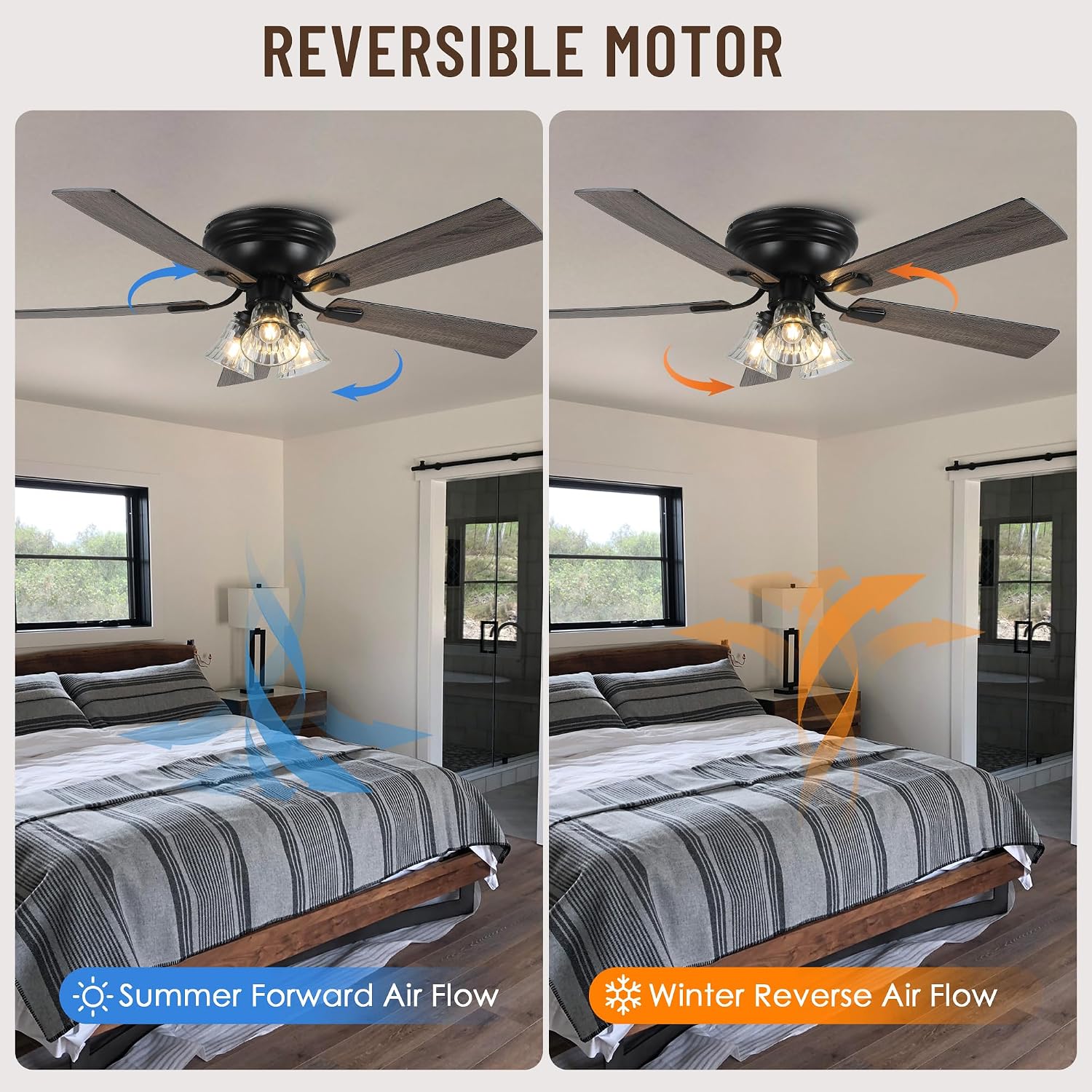 52'' Flush Mount Ceiling Fans with Lights and Remote Control,Reversible DC Motor,5 Reversible Blade,6 Speeds,Rustic Farmhouse Ceiling Fan for Living Room,Dining Room,Bedroom