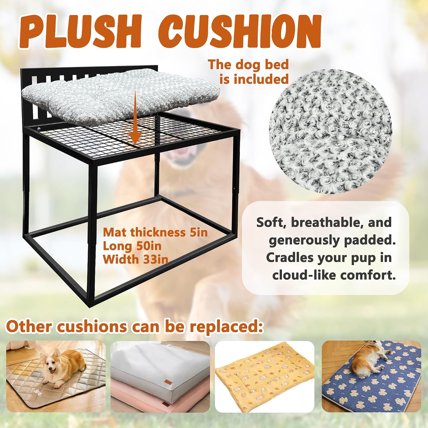 Beside Dog Bed,Adjustable Height Dog Bunk Beds,48''x 30'' Metal Dogs Bed Frame with Cushion,X-Large