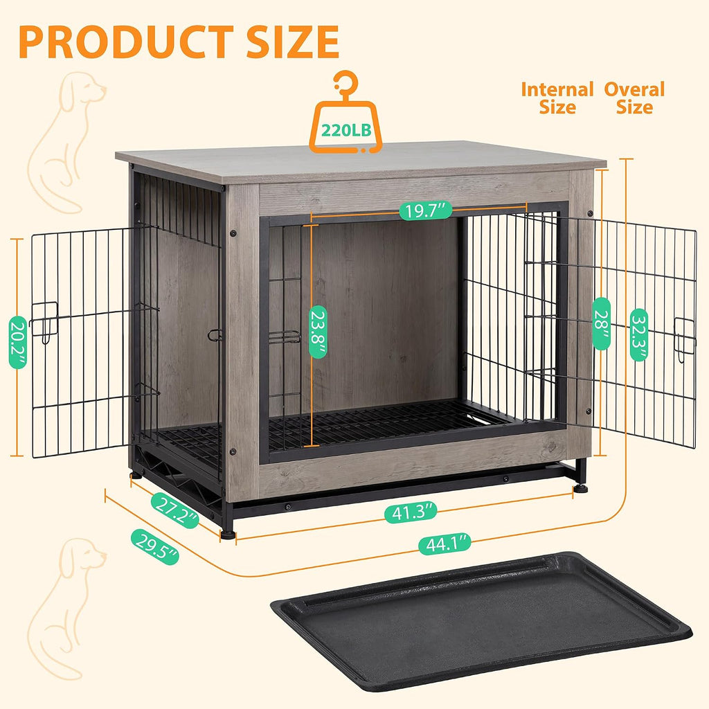 Shintenchi Wooden Dog Crate Furniture for Large Breed, L Double-Door Kennel Indoor with Removable Tray, End Table L Dog Crate for Decoration, 44.1' L, Gray