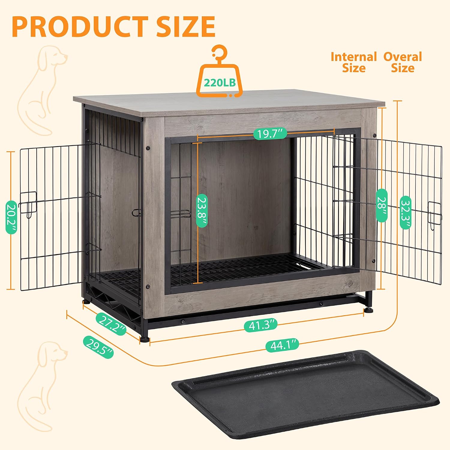 Shintenchi Wooden Dog Crate Furniture for Large Breed, L Double-Door Kennel Indoor with Removable Tray, End Table L Dog Crate for Decoration, 44.1' L, Gray