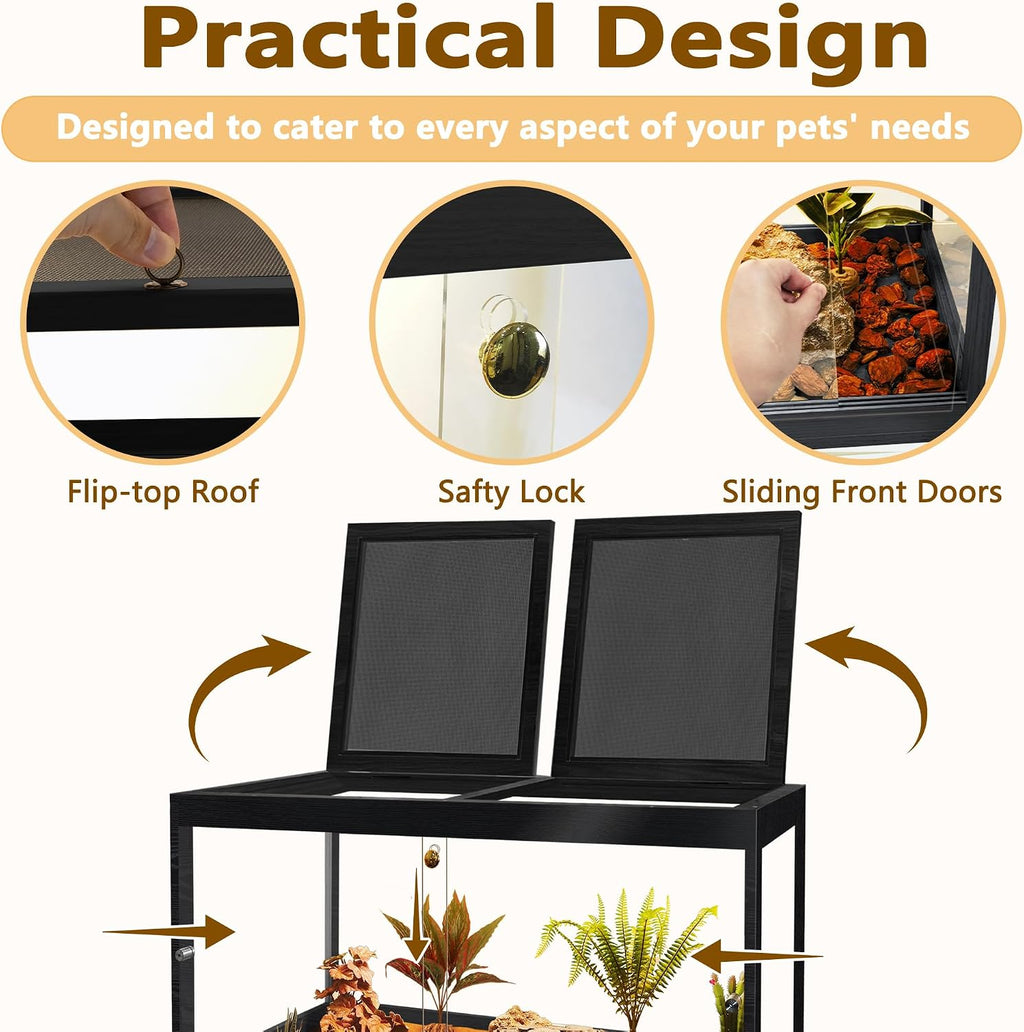PROLEE Bearded Dragon Tank, Reptile Tank with Meatl Mesh Roof and Front Sliding Door, Lizard Tank,Spacious Reptile Enclosure for Snakes,Lguanas, Chameleons (Black, 30 Gallons)