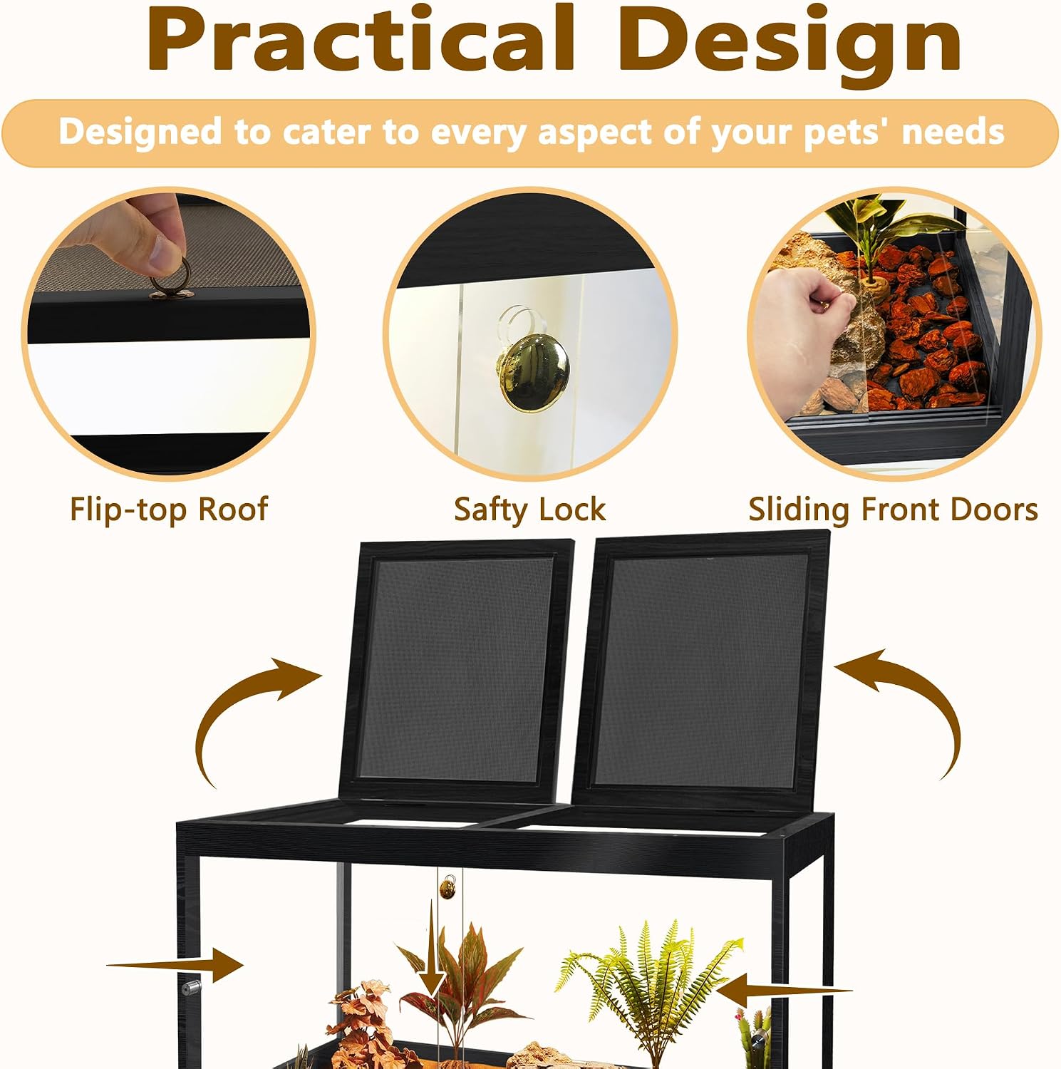 PROLEE Bearded Dragon Tank, Reptile Tank with Meatl Mesh Roof and Front Sliding Door, Lizard Tank,Spacious Reptile Enclosure for Snakes,Lguanas, Chameleons (Black, 30 Gallons)