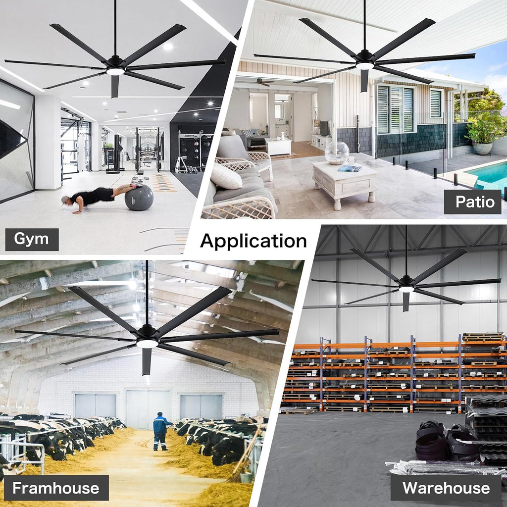 Minislak 96' Industrial & Commercial HVLS 7 Black Aluminum Blades Ceiling Fan with Light and Compatible Alexa,High CFM Brushless Motor,6-Speed,Indoor Outdoor Ceiling Fan for Patio,Garage,Shop,Library