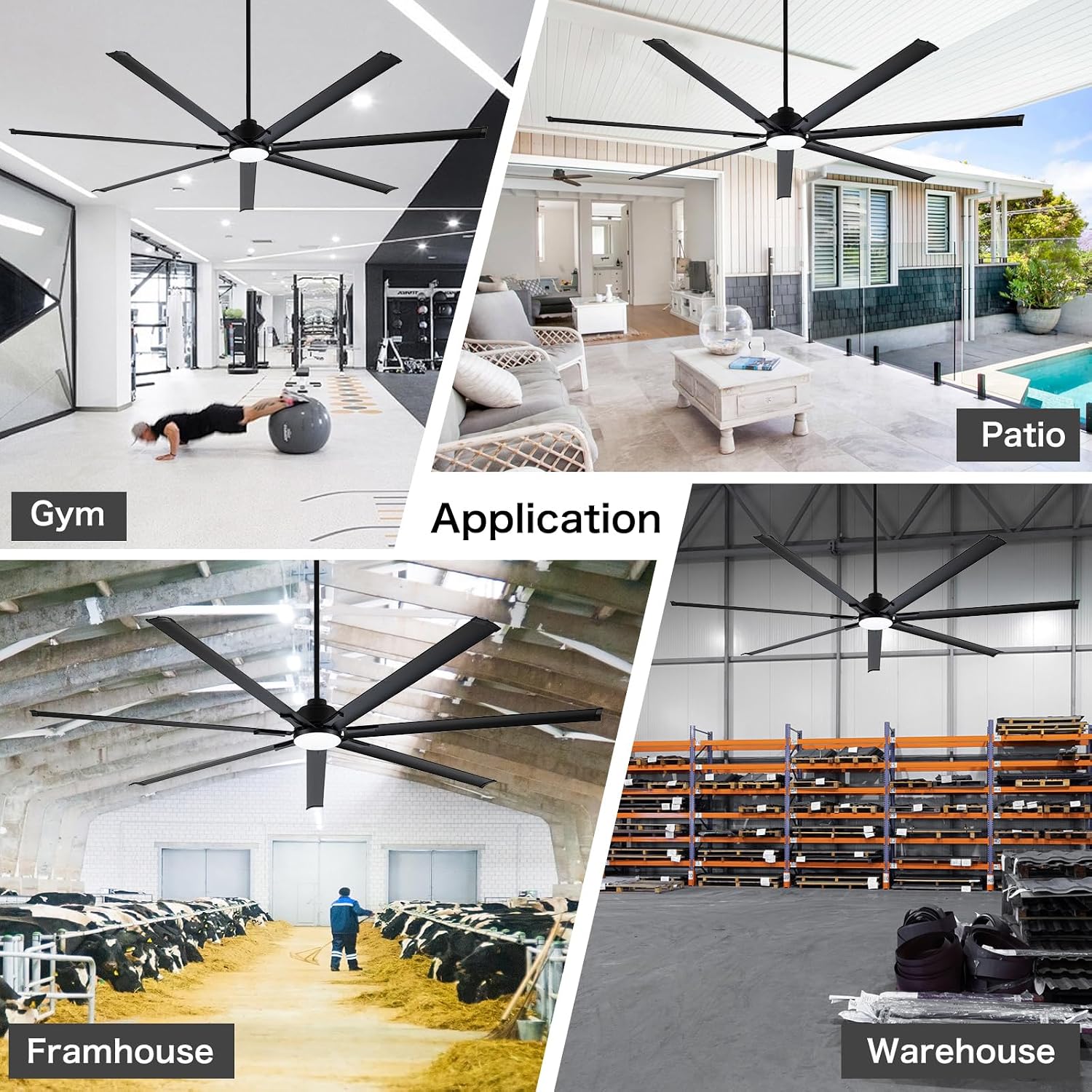 Minislak 96' Industrial & Commercial HVLS 7 Black Aluminum Blades Ceiling Fan with Light and Compatible Alexa,High CFM Brushless Motor,6-Speed,Indoor Outdoor Ceiling Fan for Patio,Garage,Shop,Library