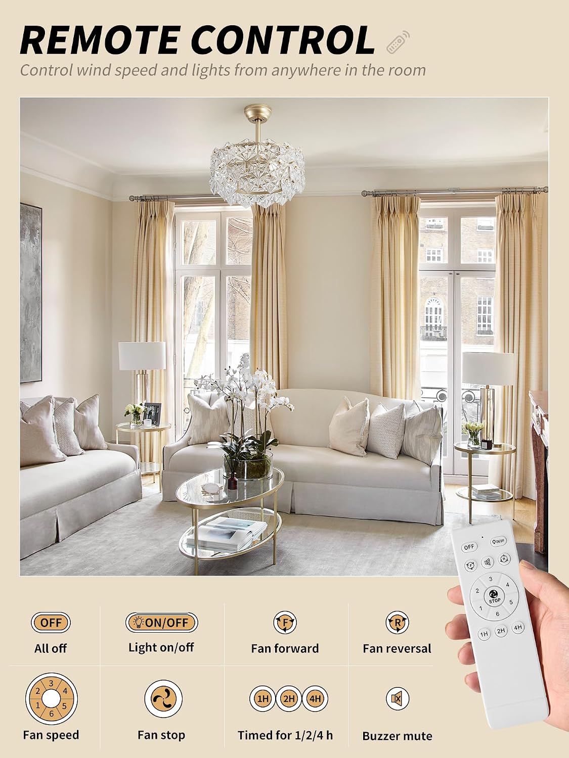 SYDACG 20' Gold Crystal Fandelier Ceiling Fan with Light, Mid-Century Chandelier Ceiling Fan with Light Remote Control, 6 Speeds for Bedroom, Nursery, Living Room