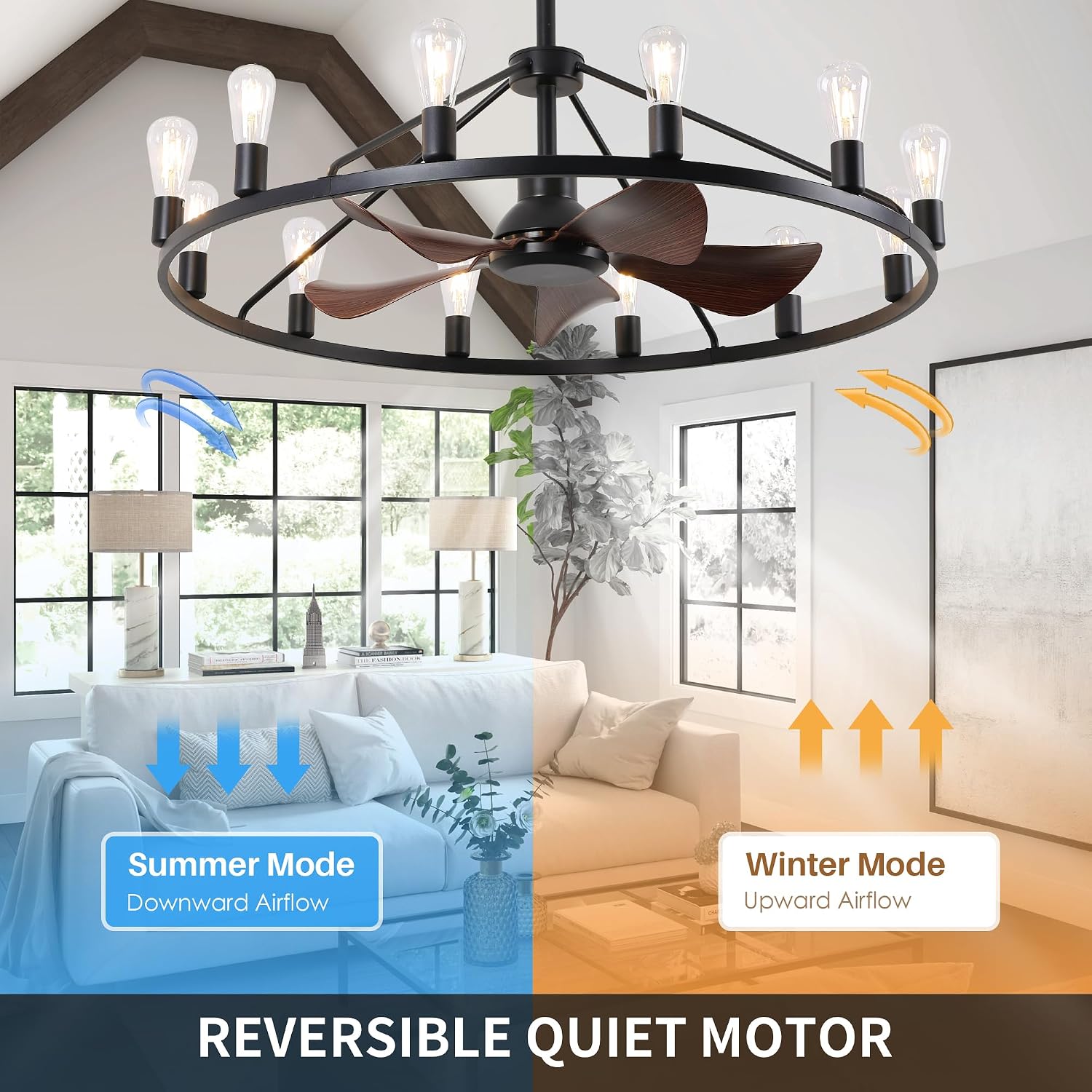 Miuyhji Wheel Ceiling Fan 44 Inches Large,Industrial Ceiling Fans with Lights and Remote,Vintage Chandelier Fans with 12 Candle Lights, Wagon Wheel Chandelier with Fan for Indoor