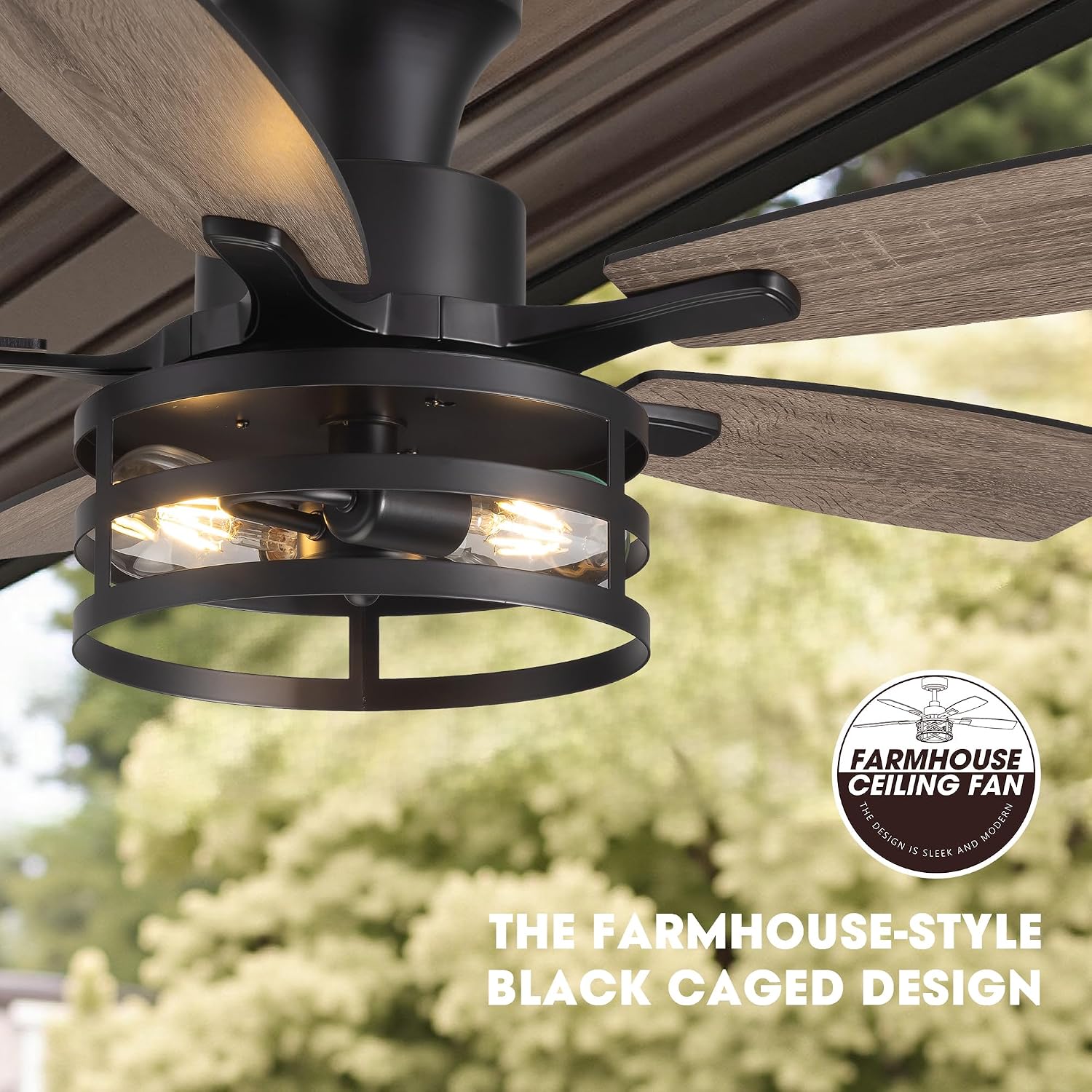 42 Inch Flush Mount Ceiling Fans with Lights and Remote Control, Farmhouse Ceiling Fan with LED Lighting for Bedroom Living Room and Patio, Black Caged Ceiling Fan for Indoor and Outdoor(NO Bulbs)