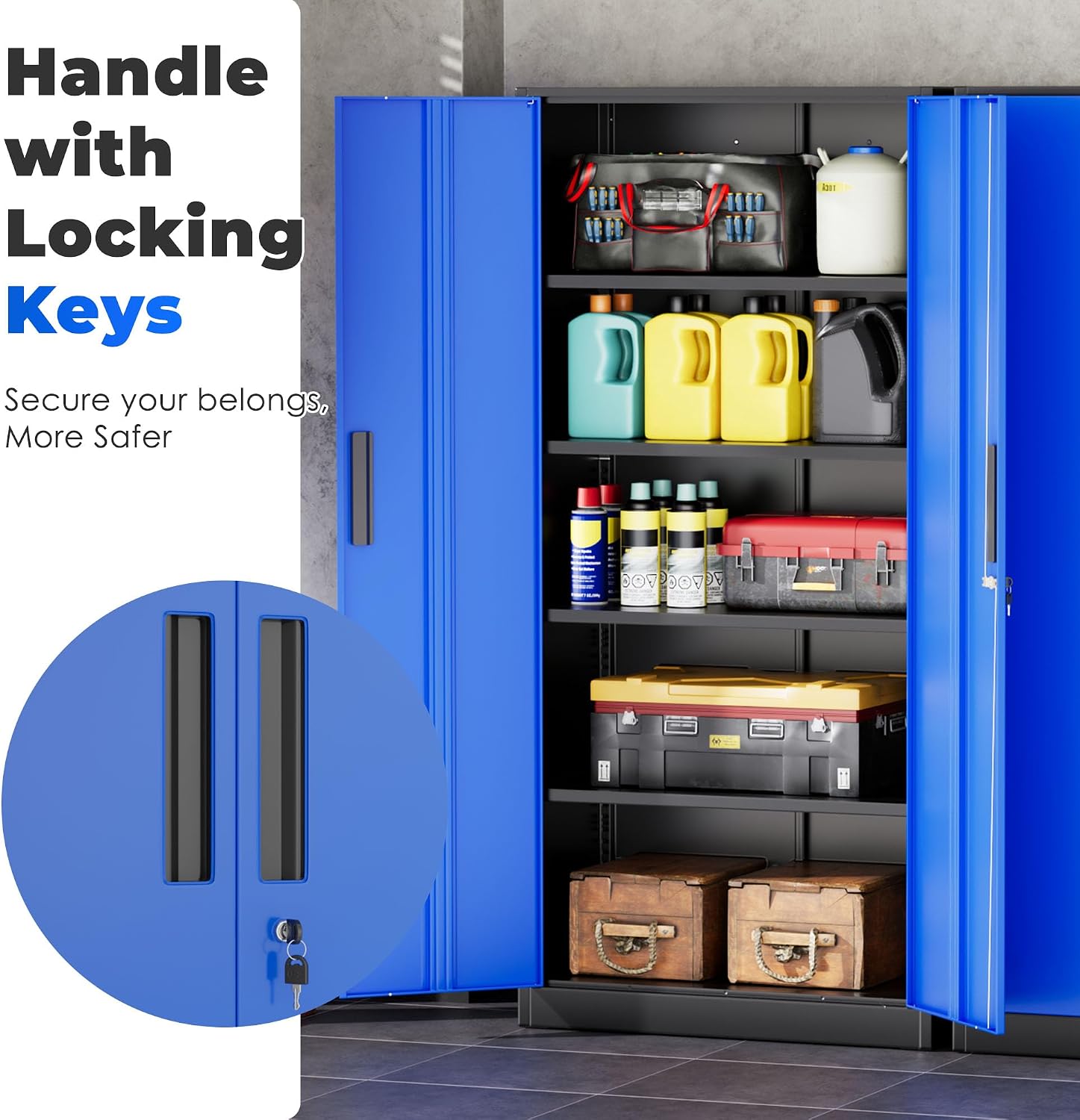 INTERGREAT Storage Cabinet with Doors and Shelves, Metal Garage Storage Cabinets with Lock, Black Lockable Steel Supply Cabinet for Home Office, Warehouse (Black Blue)