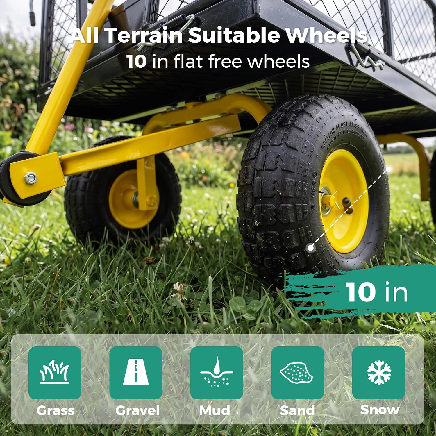 SUNNYFEEL 900 LBS Heavy Duty Steel Garden Cart, Utility Garden Wagon Cart with 10' Flat-Free Wheels and Removable Sides, All Season Yard Cart with 180° Adjustable Handle