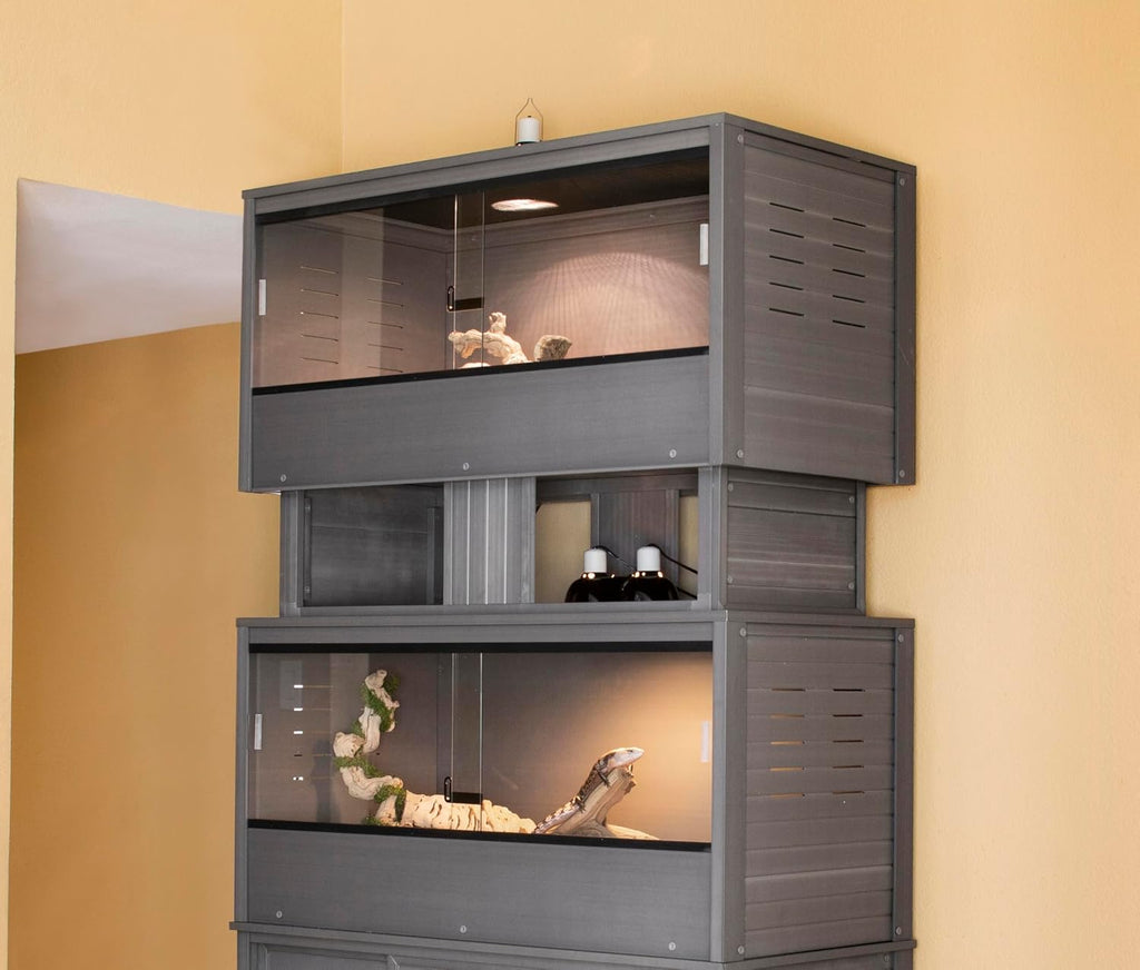 New Age Pet ECOFLEX Two Large Reptile Enclosures with Matching Stacker and Cabinet Stand Set in Grey