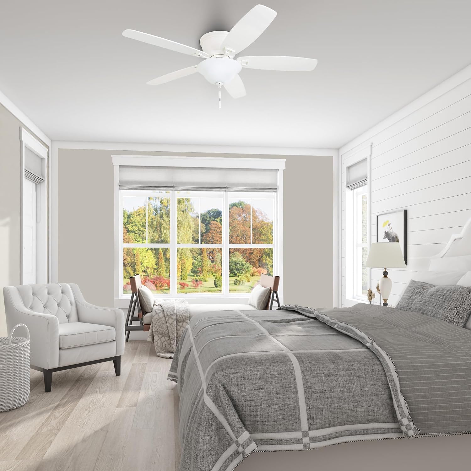 Honeywell Glen Alden 52 Inch Indoor LED Ceiling Fan with Bowl Light, Pull Chain Control, 5 Dual-Finish Blades, Quiet Reversible Motor, White