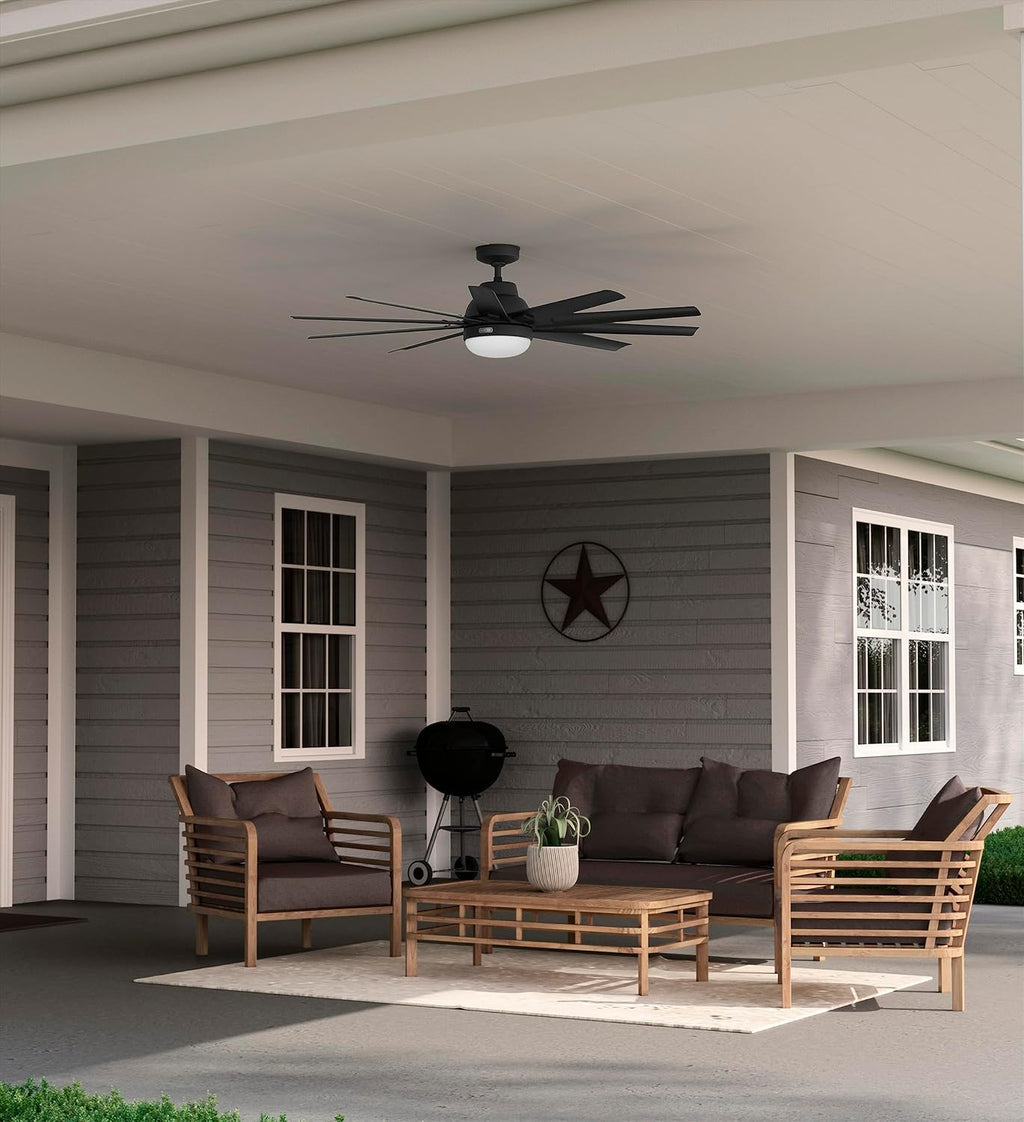 Hunter 60 inch Outdoor or Indoor Ceiling Fan with LED Light - Black Ceiling Fan with Wall Control, For Patio, Garage, or Porch, Quiet, Standard Mount, 10 Blades - Overton 52615, Matte Black