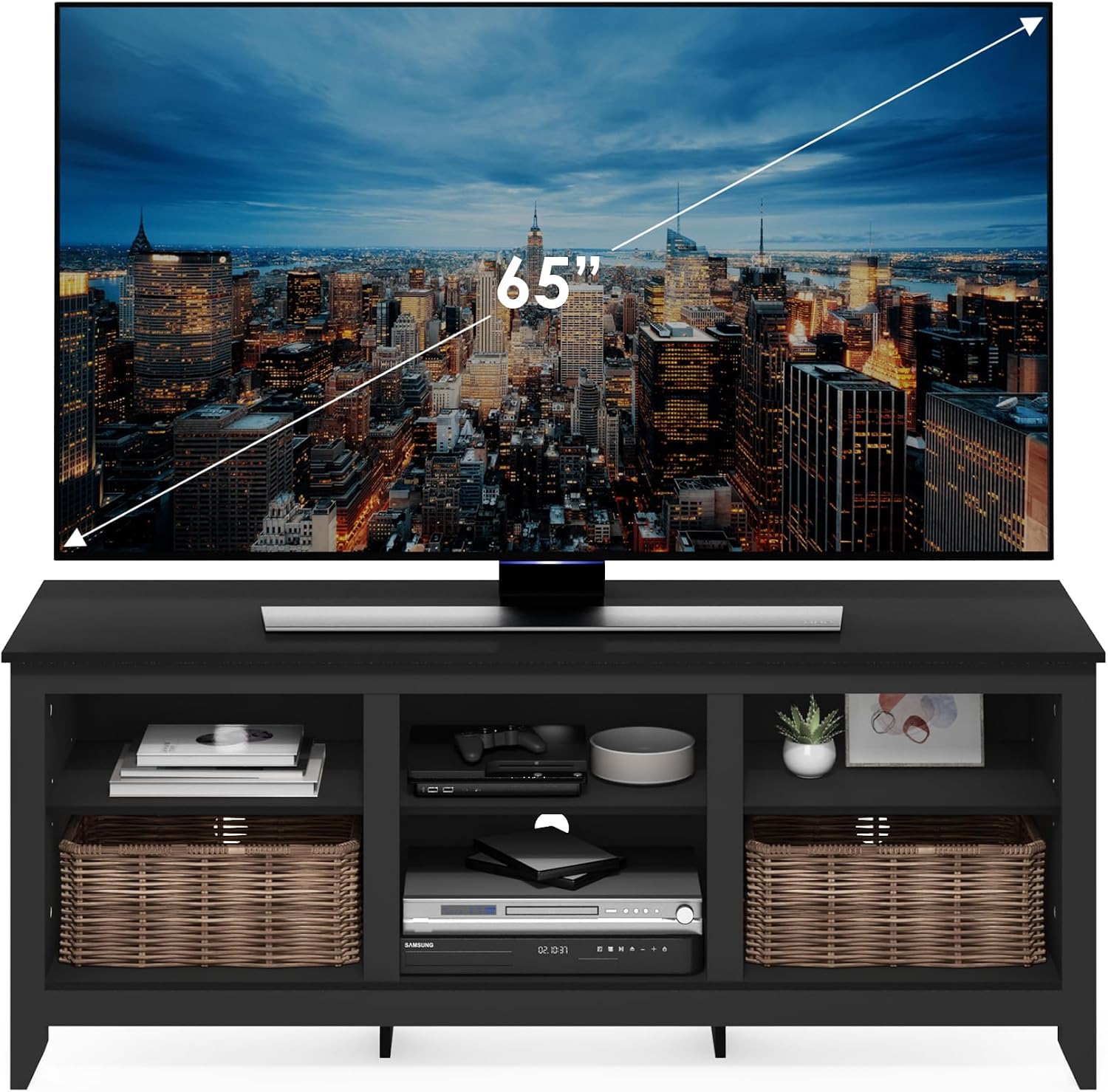 Furinno Jensen TV Stand for TV up to 65 Inch, 2-Tier Black Entertainment Center, TV Console with Cable Management, for Living Room, Bedroom, Dark Americano