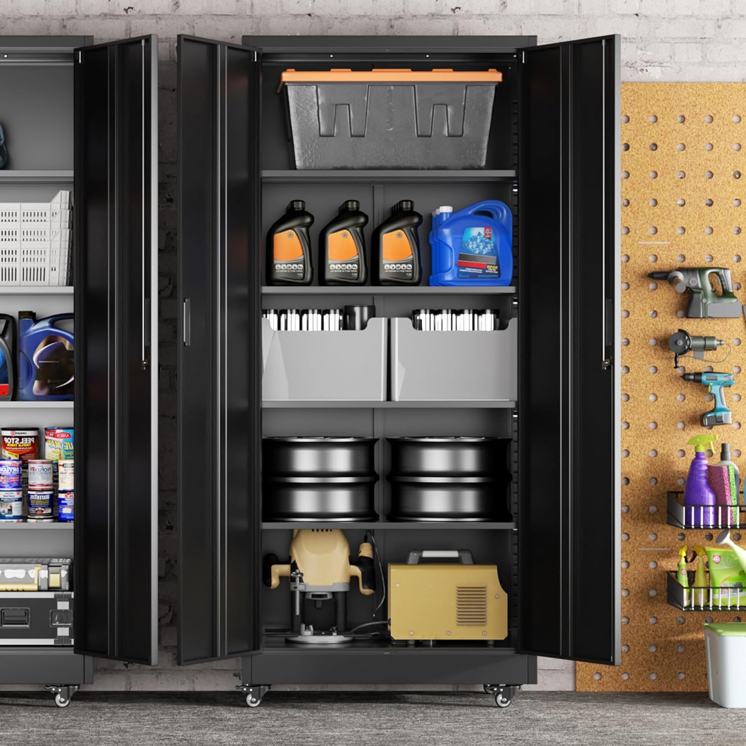 Greenvelly 73' Rolling Storage Cabinet,Black Metal Garage Cabinet with Locking Doors and 4 Adjustable Shelves for Home,Kitchen,Office,Warehouse(32' W x 16' D,Wheels)