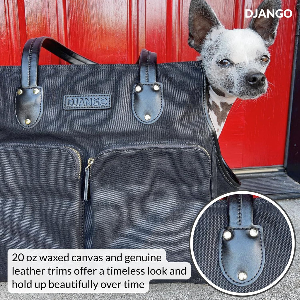 DJANGO Waxed Canvas & Leather Dog Carrier Tote Bag – Premium Soft-Sided Travel Dog Purse with Safety Leash, WR Lining, & Large Zipper Pockets – Everyday Pet Carrier for Small Dogs (Black, Medium)