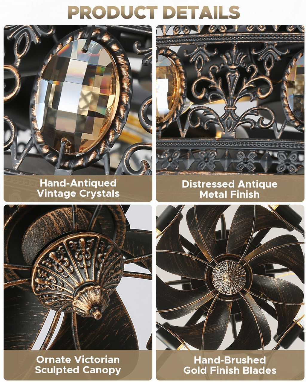 Fandelier Ceiling Fan with Light, Vintage Victorian Rustic Crystal Fandelier, Caged Enclosed Bladeless Chandelier Fan, Low Profile Flush Mount for Bedroom, Kitchen, Living Room, Dining Room