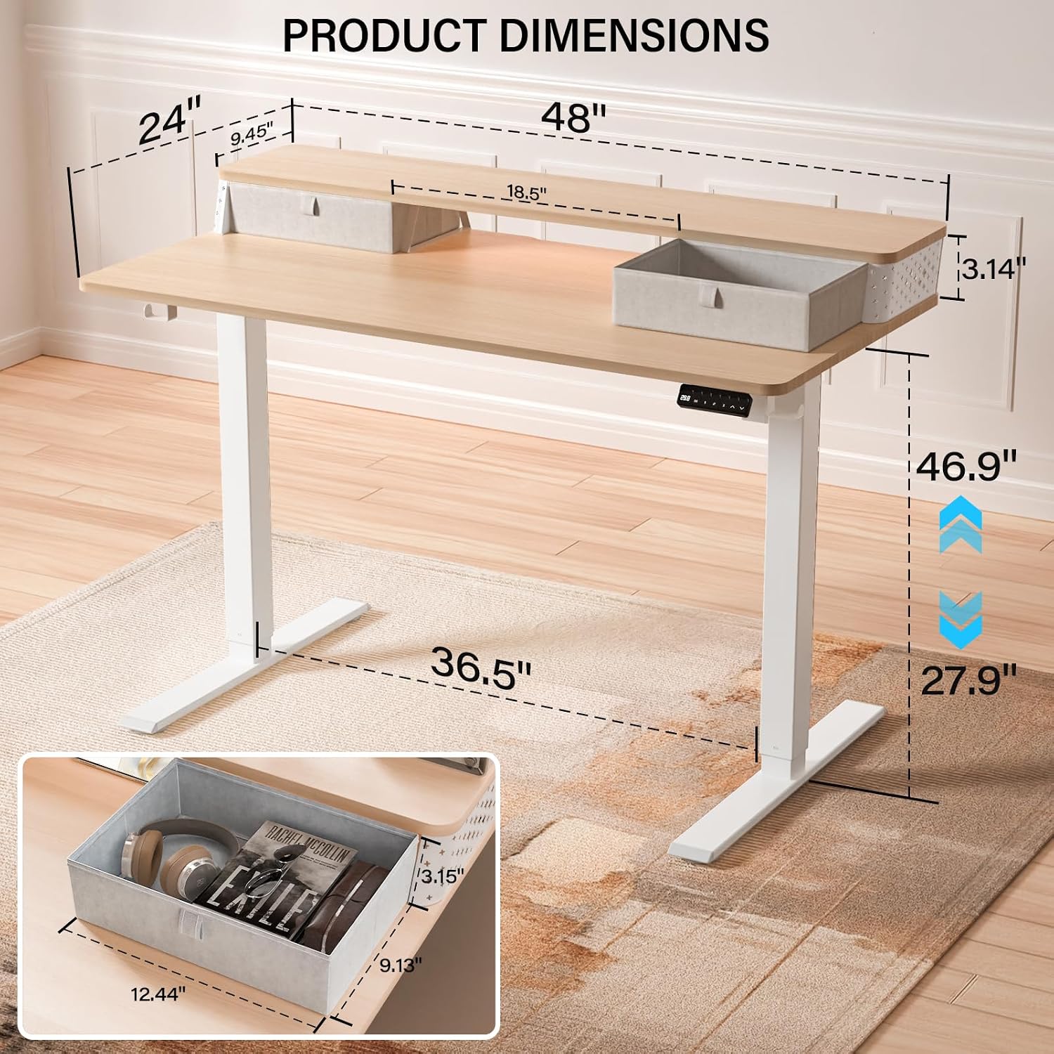 Electric Standing Desk with Two Drawers,48 x 24 Inch Sit Stand Desk Adjustable Height, Stand Up Desk with Storage Shelf, Computer Workstation for Home Office, Oak
