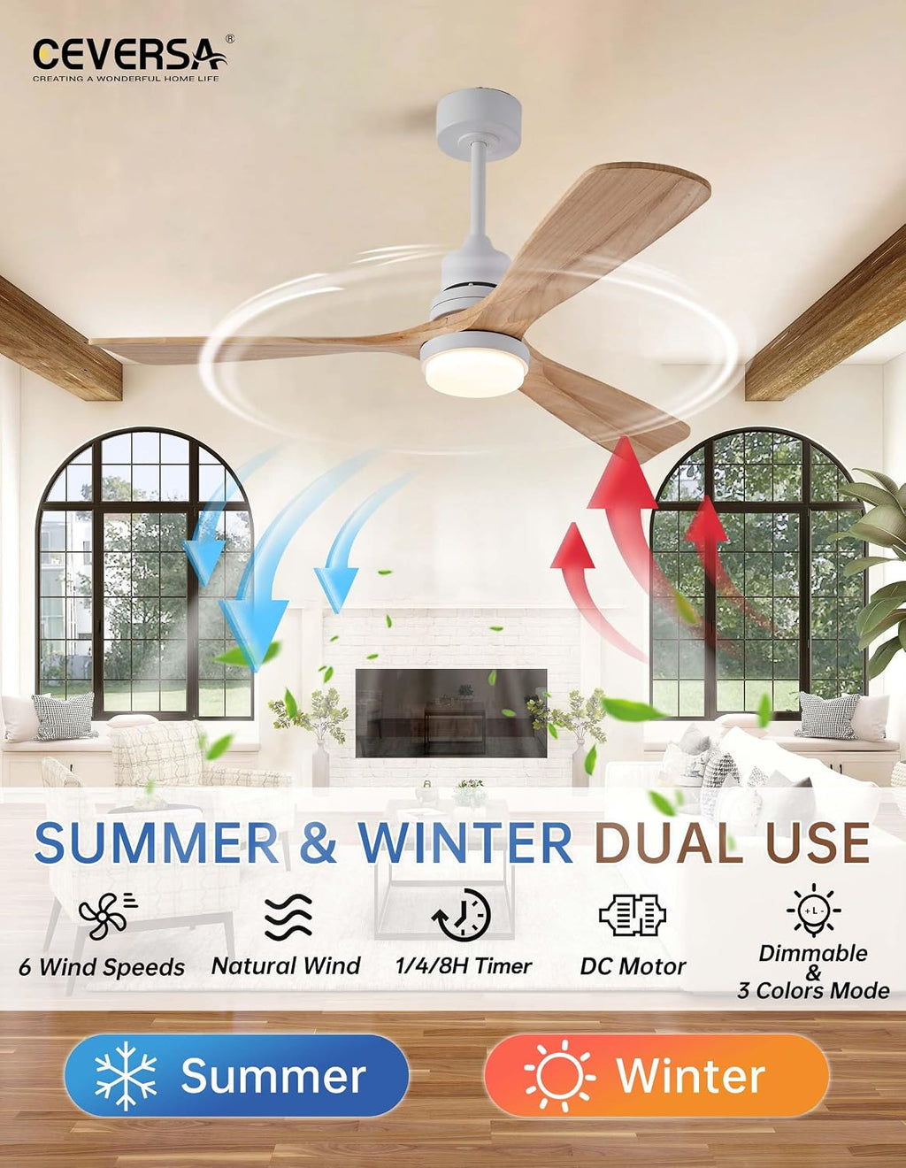 52 Inch Natural Wood Ceiling fans with Lights and Remote,3 Blades Wooden Modern Ceiling Fans,Dimmable Light,Noiseless Reversible DC Motor for Patio,Living Room,Outdoor,Indoor,Farmhouse