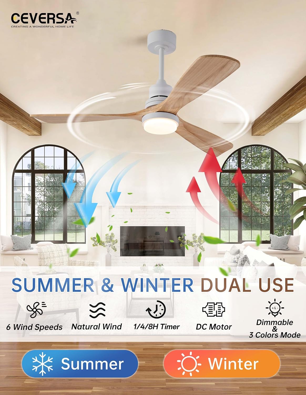 52 Inch Natural Wood Ceiling fans with Lights and Remote,3 Blades Wooden Modern Ceiling Fans,Dimmable Light,Noiseless Reversible DC Motor for Patio,Living Room,Outdoor,Indoor,Farmhouse