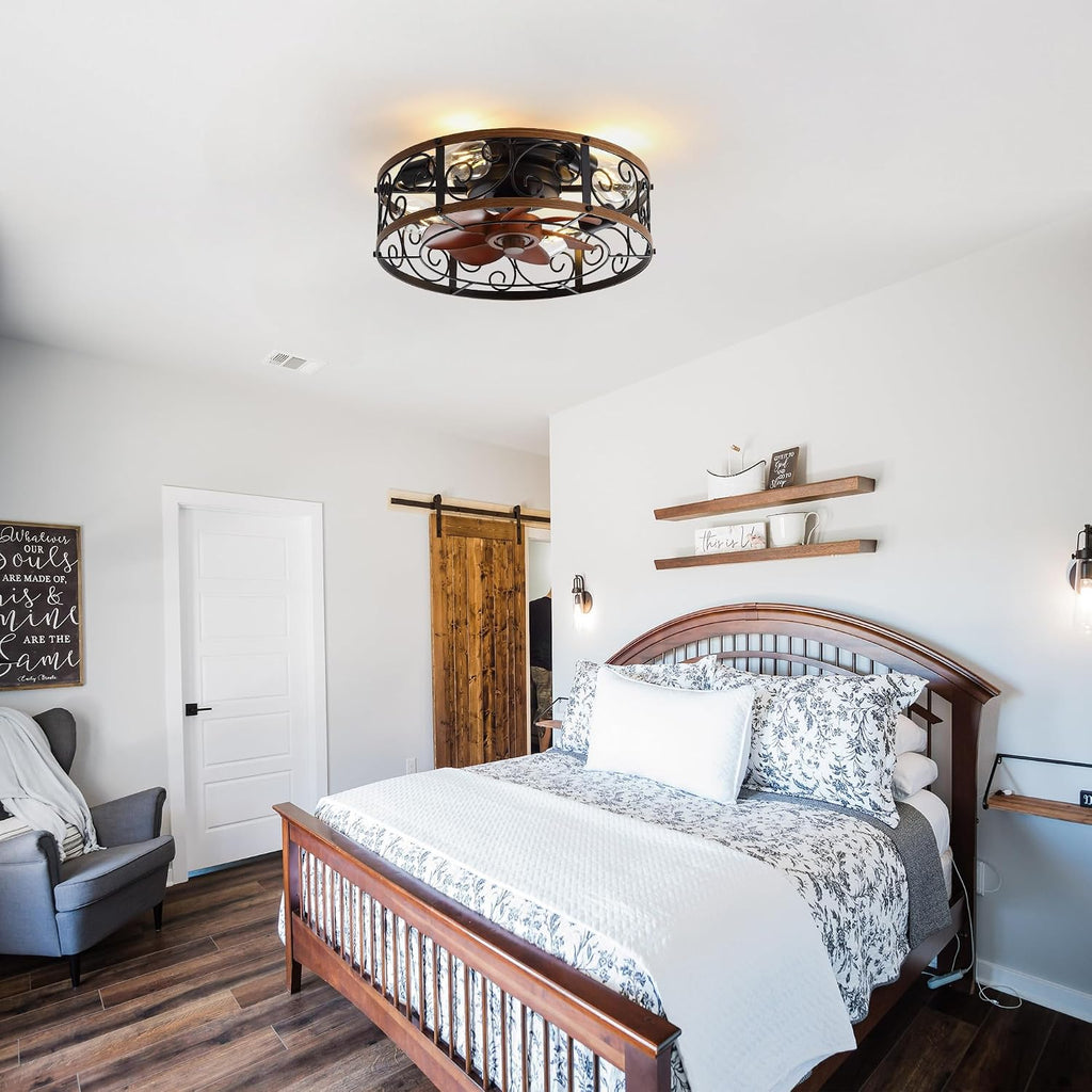 18'' Caged Ceiling Fan with Lights and Remote Flush Mount Farmhouse Ceiling Fan Low Profile Bladeless Fandelier Small Vintage Rustic Chandelier Reversible Motor 6 Speeds for Bedroom Kitchen