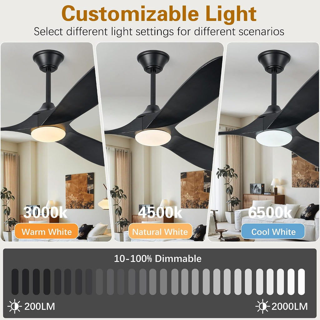 Wood Ceiling Fans with Lights and Remote, 60' Black Modern Ceiling Fan with 3 Wooden Blades, Timer and Memory Function, Outdoor Ceiling Fan with Light for Patios, Indoor, Living Room