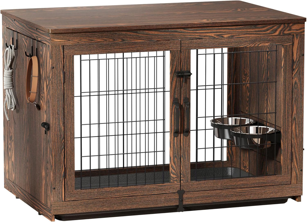 Piskyet Wooden Dog Crate Furniture with 360°Rotatable Removable Dog Bowls, Dog Crate End Table with Tray(L:37.7' L*25.1' W*26.1' H, Rustic Brown)
