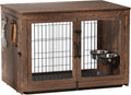 Piskyet Wooden Dog Crate Furniture with 360°Rotatable Removable Dog Bowls, Dog Crate End Table with Tray(L:37.7' L*25.1' W*26.1' H, Rustic Brown)