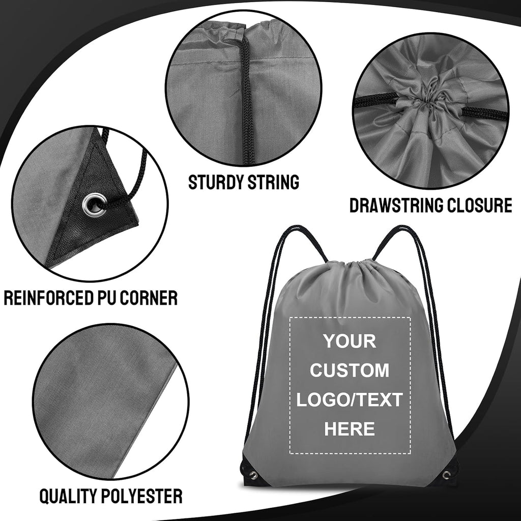 Grneric Custom Drawstring Bags Bulk 10/20/50/100/200 Pack, Promotional Items With Your Logo Personalized String Backpack for Gym, Sport, Travel, Gray