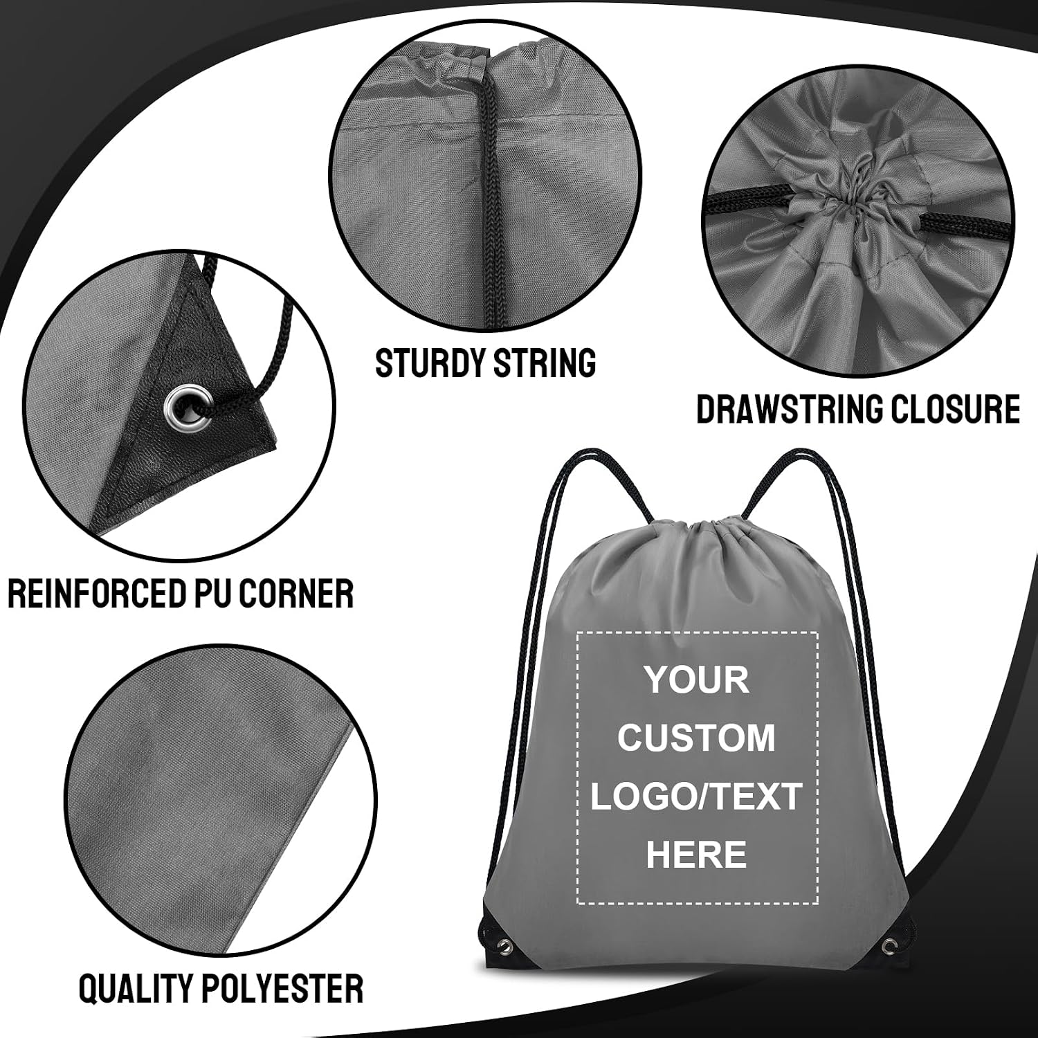 Grneric Custom Drawstring Bags Bulk 10/20/50/100/200 Pack, Promotional Items With Your Logo Personalized String Backpack for Gym, Sport, Travel, Gray