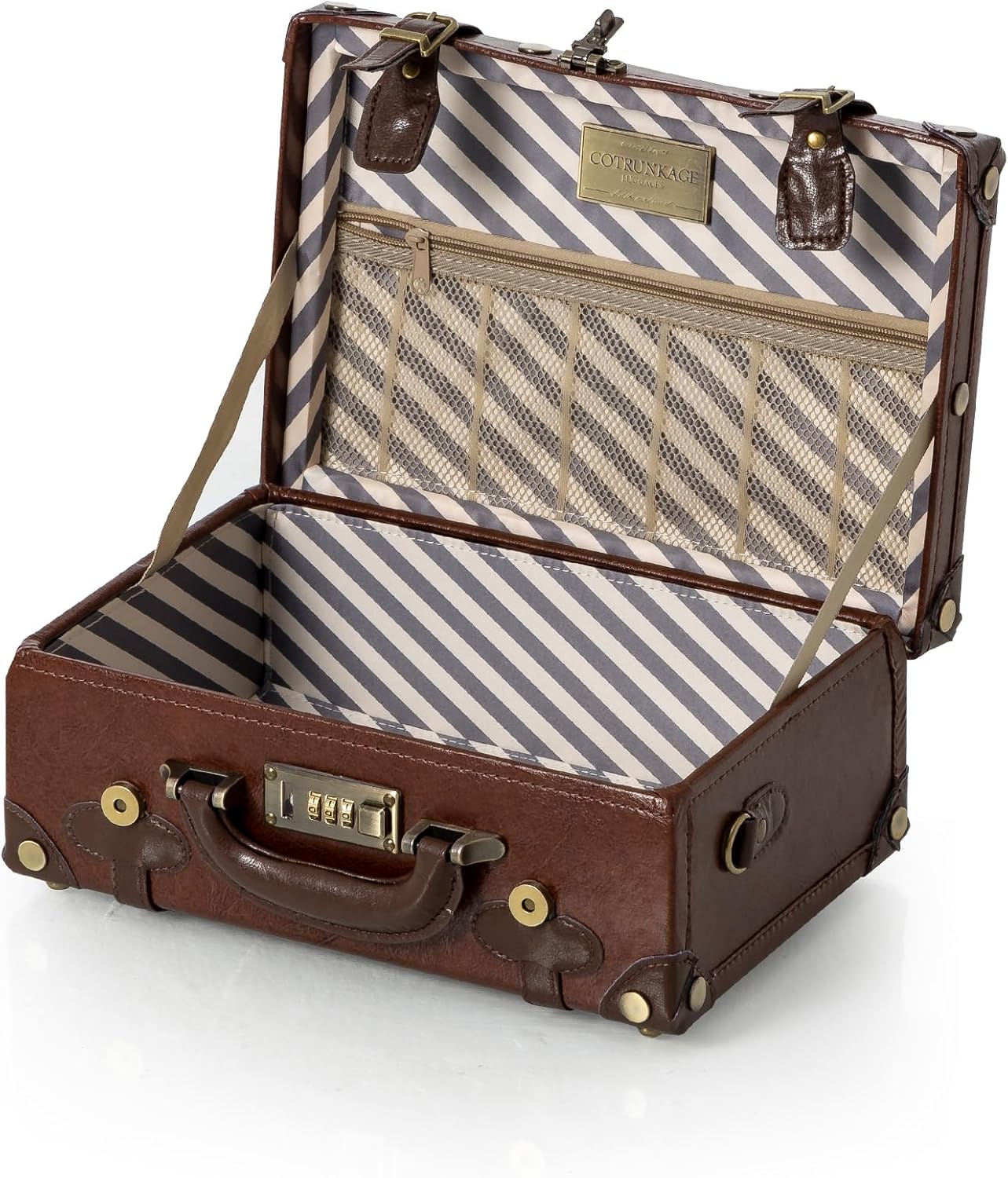 COTRUNKAGE 16' Carry On Suitcase Cute Pu Overnight Vintage Trunk Luggage Bag for Women with Strap, Caramel Brown