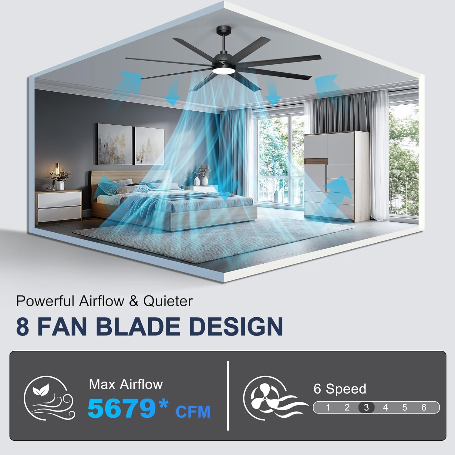 72'' Ceiling Fan with Light - Remote & APP Control, 3 CTT Dimmable, 6 Speed Reversible DC Motor Fan for Shop, Garage, Covered Outdoor, Black
