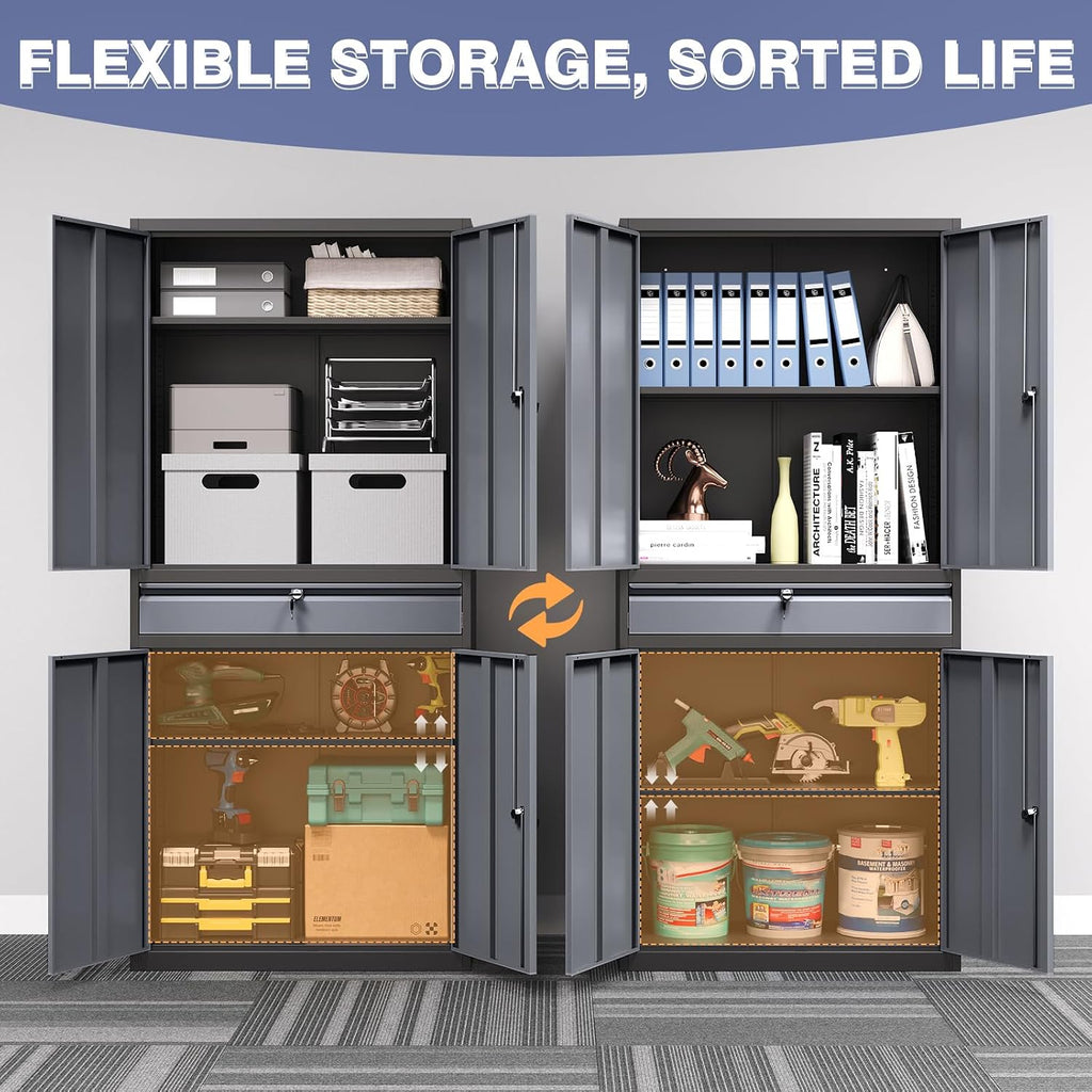 Metal Storage Cabinet with Drawer, Garage Storage Cabinet with Locking Doors and Adjustable Shelves for Garage, Home Office,Warehouse