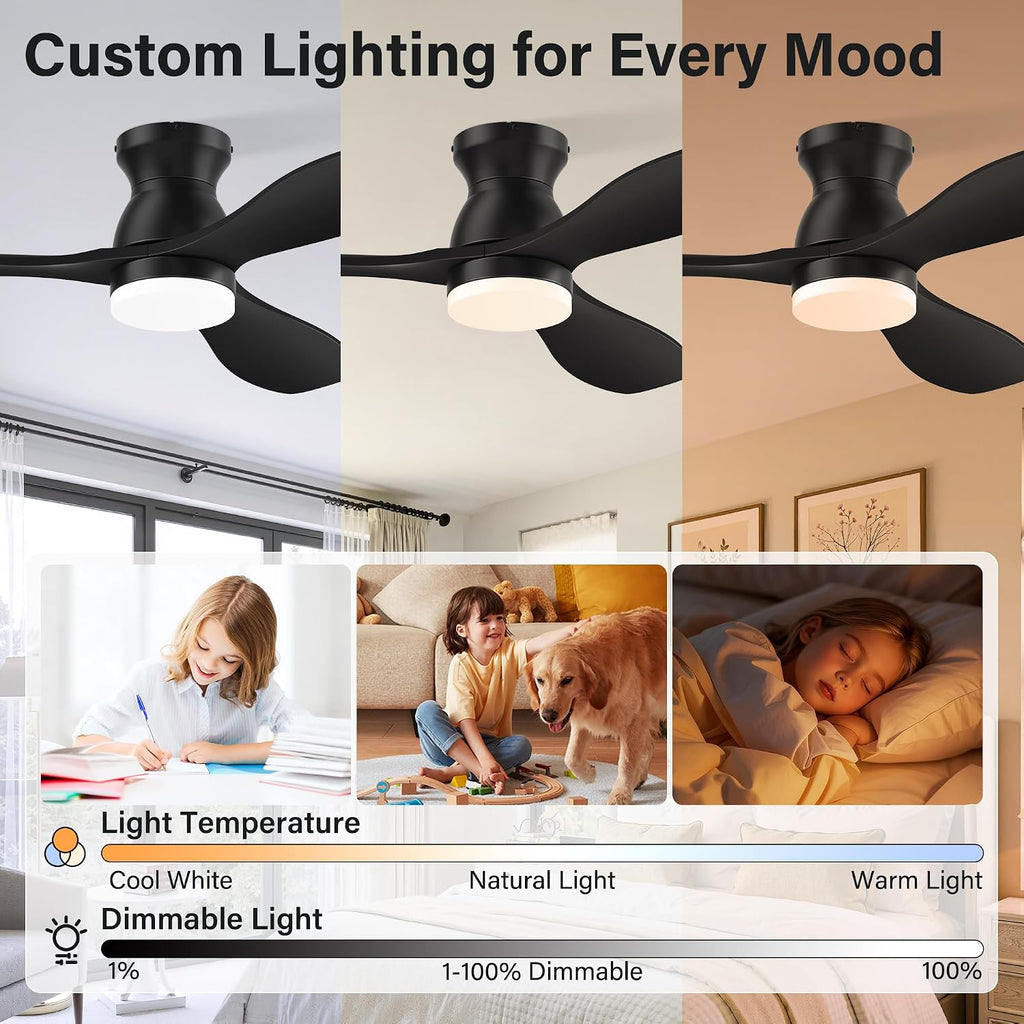 42' Wood Ceiling Fans with Lights, Smart Control by Remote Alexa APP,Quiet DC Motor,Modern Flush Mount Hugger Ceiling Fan for Low Profile Bedroom,Patio,Outdoor Indoor,Matte Black,Dim,6 Speed,3 Blade