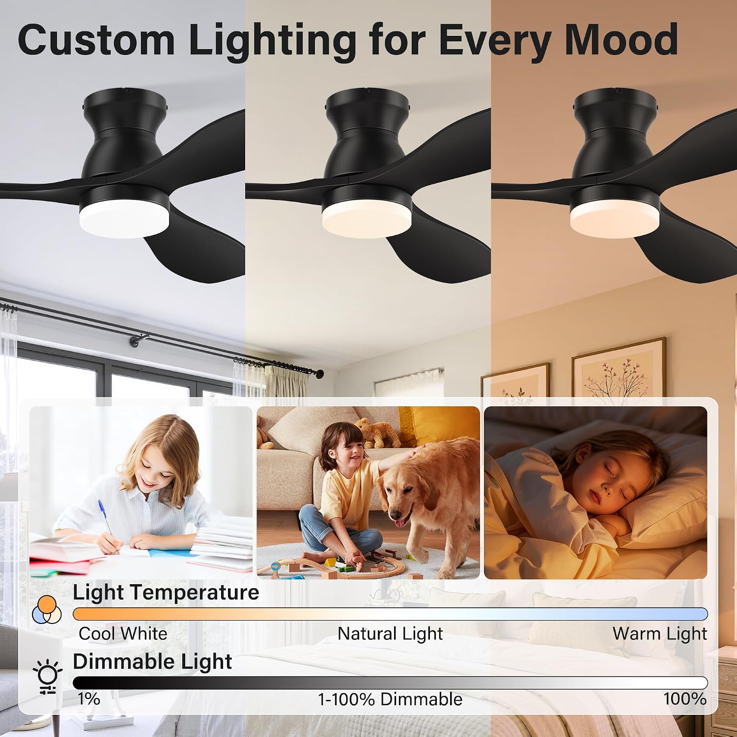42' Wood Ceiling Fans with Lights, Smart Control by Remote Alexa APP,Quiet DC Motor,Modern Flush Mount Hugger Ceiling Fan for Low Profile Bedroom,Patio,Outdoor Indoor,Matte Black,Dim,6 Speed,3 Blade