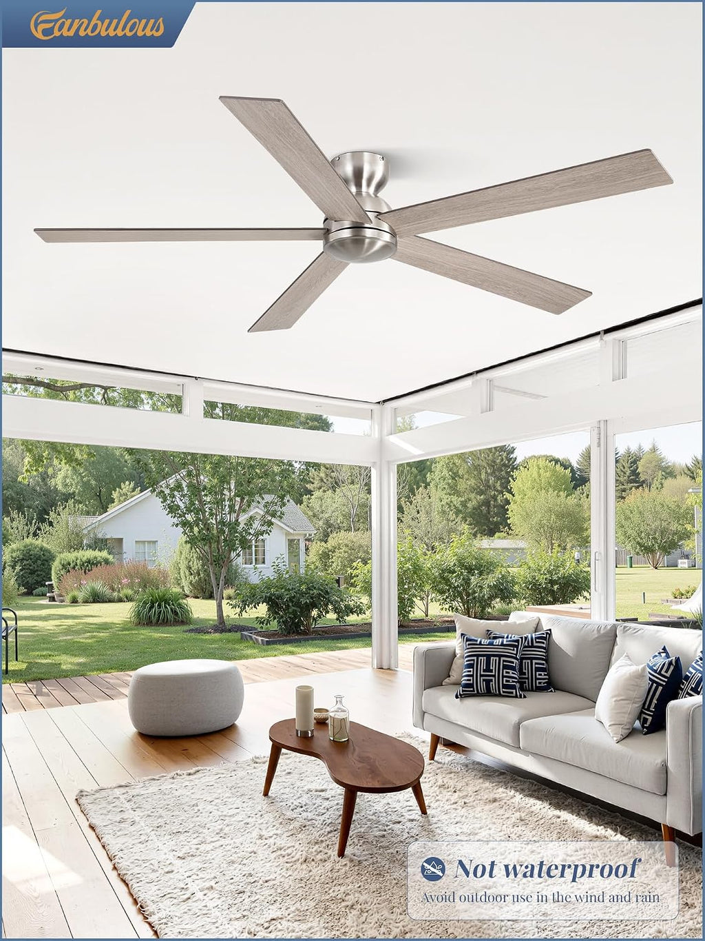 60 Inch low profile ceiling fan, Brushed Nickel Large Ceiling Fan no Lights, 6-Speeds, Quiet Reversible DC Motor, Indoor/Outdoor Ceiling Fans no light for Patios, Living Room, Bedroom