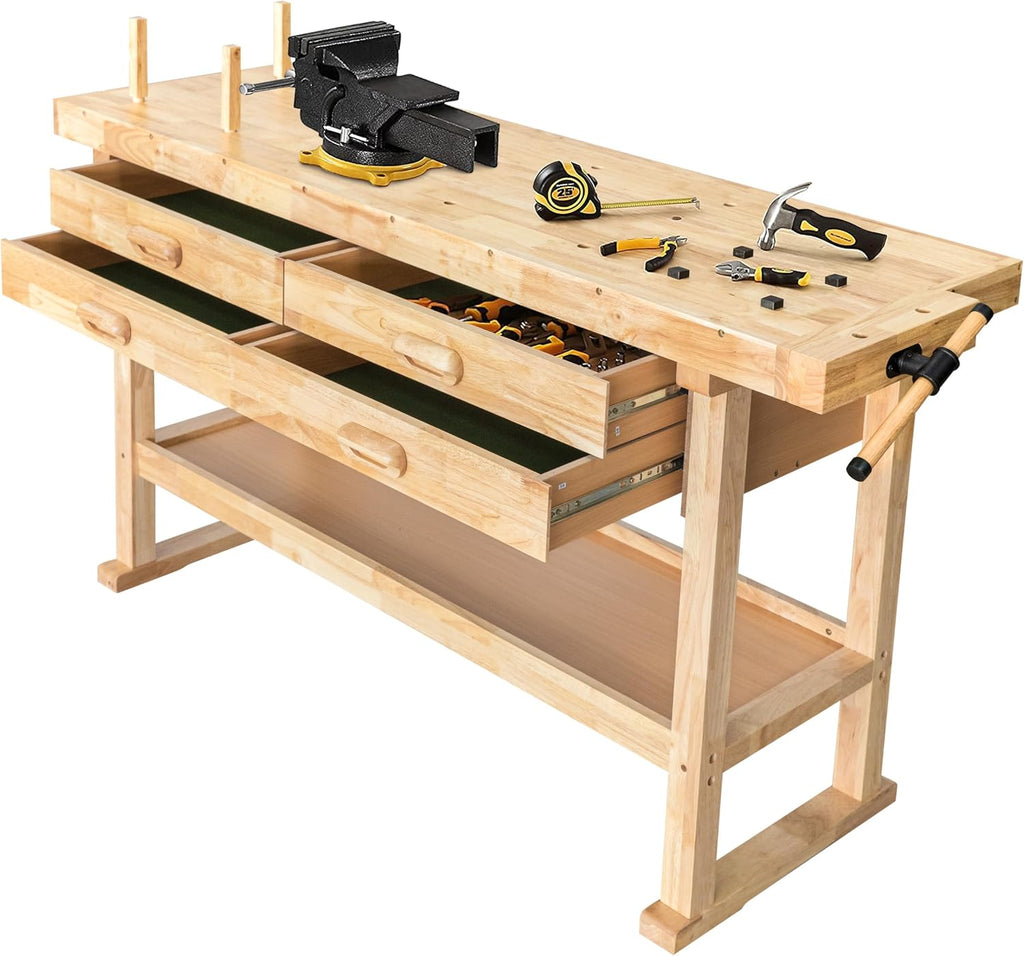 Olympia Tools 64.5' Rubber Hardwood Workbench with 4-Drawers & Clamp, 450 lb Capacity – Heavy-Duty Woodworking Storage, Tools Organizer, and Craftsman Standing Station Table for Workshop