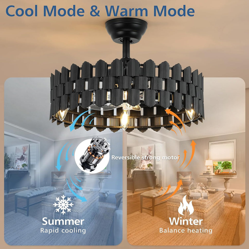 20 Inch Black Caged Ceiling Fan, Black Fandelier Ceiling Fan with Light with 6-Speed Motor, Ceiling Fans with Lights and Remote for Bedroom, Living Room, Dining Room