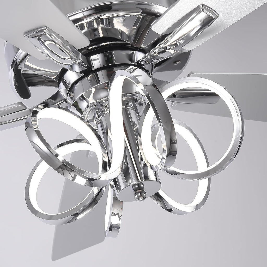 52 Inch Silver Ceiling Fans with Lights and Remote, Creative Modern Ceiling Fan for Bedroom Living Room with 3CCT, 6 Speeds, Timer, Dual-Sided Reversible 5 Blades Indoor Outdoor Chandelier Fan
