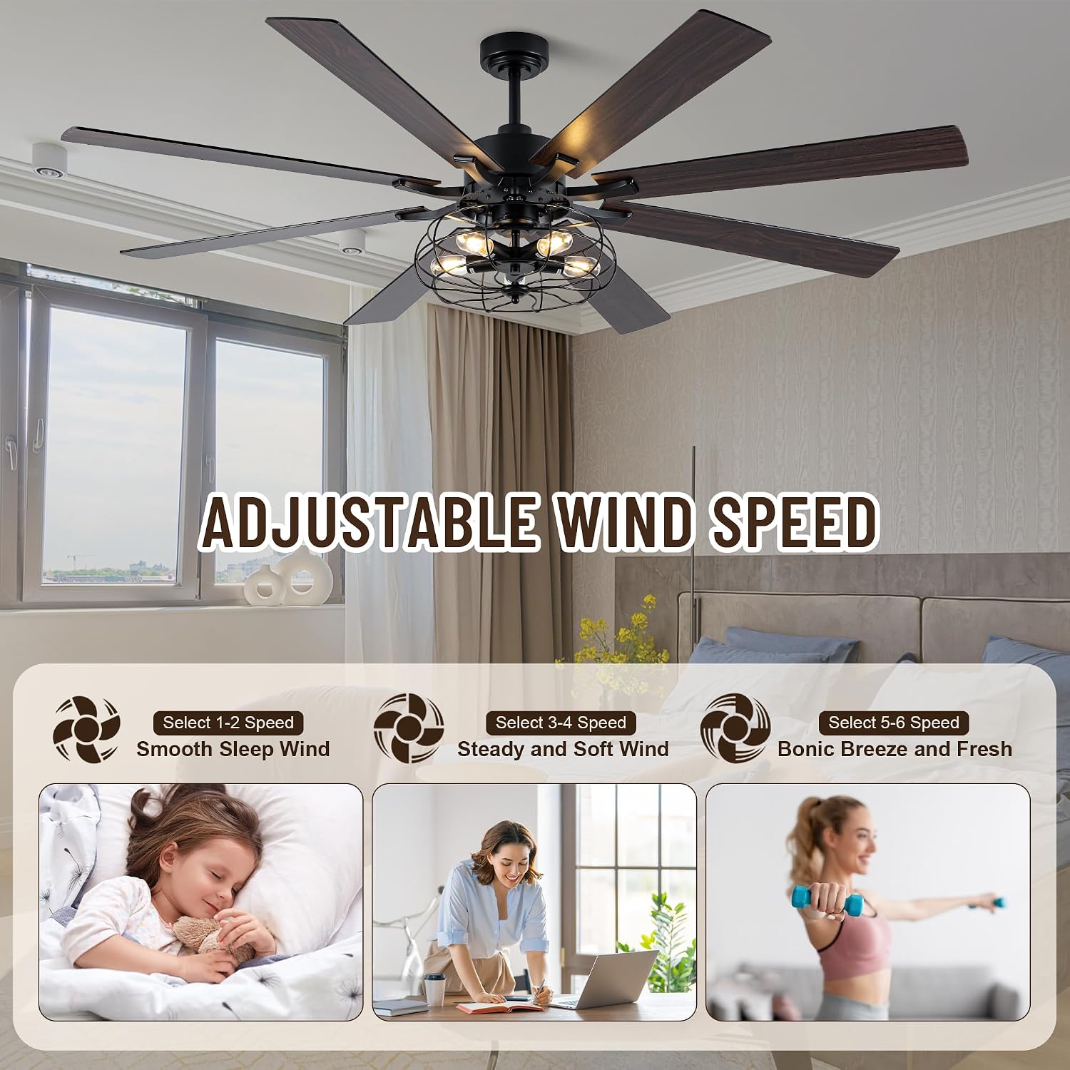 72 Inch Caged Ceiling Fans with Lights and Remote,Industrial Caged Rustic Retro Chandelier Ceiling Fan with Reversible Motor,8 Double Colour Blades for Dining Room Living Room Bedroom Porch Patio