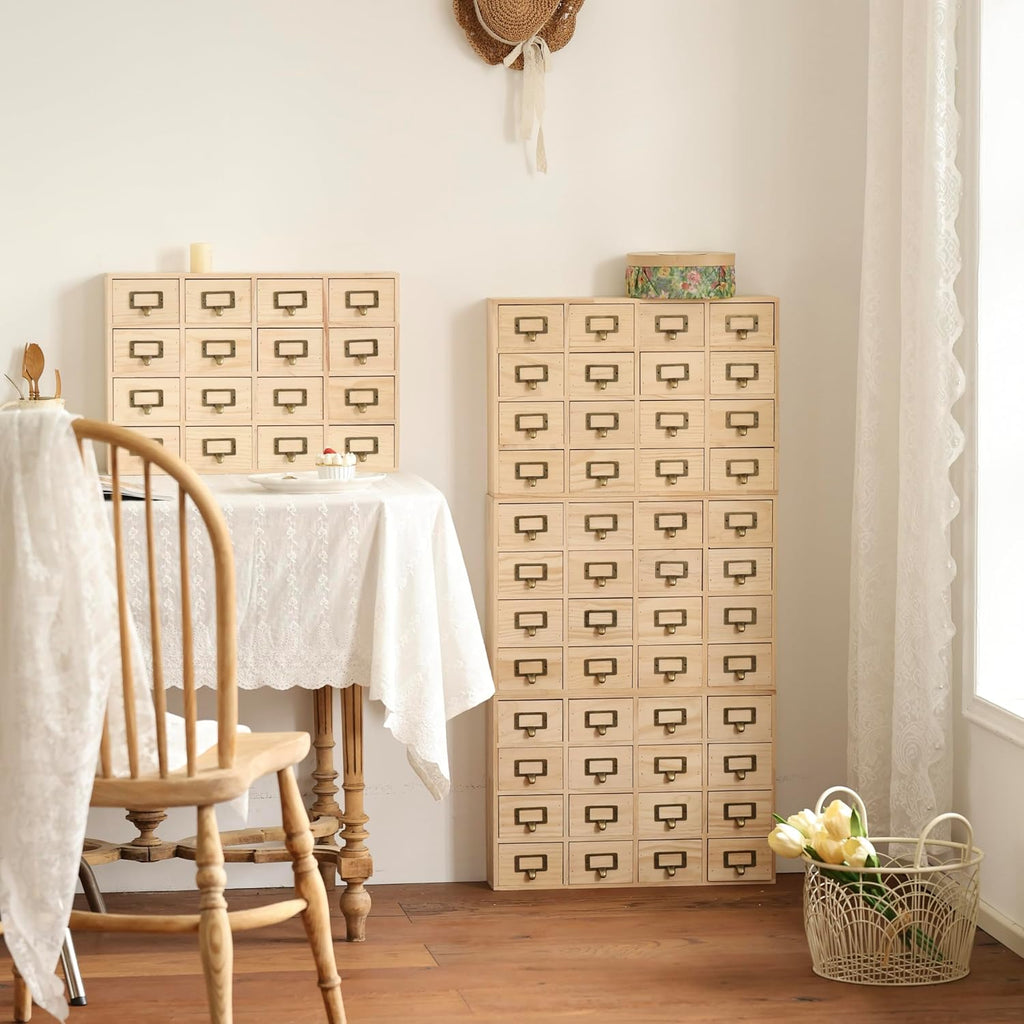 Creative Storage Wall 64-Drawer Modular Apothecary Cabinet, Stackable Light Wood Library Card Catalog Organizer with Label Holders, for Stickers, Beads, Pins, Stamps & Scrapbooking