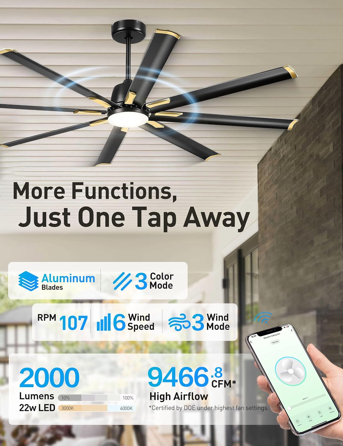 Minislak 72 Inch Ceiling Fan with Light,Industrial Ceiling Fan with 8 Aluminium Blades,Black Gold Smart Fan Compatible with Alexa,Garage Outdoor Indoor Fan for Patio and Living Room