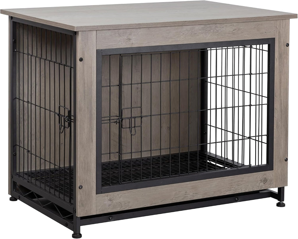Shintenchi Wooden Dog Crate Furniture for Large Breed, L Double-Door Kennel Indoor with Removable Tray, End Table L Dog Crate for Decoration, 44.1' L, Gray