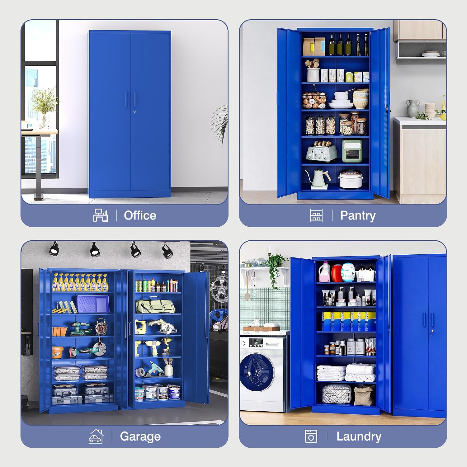 Metal Cabinet with Lock, Tall Storage Cabinet with Door and Adjustable Shelves,Blue Steel Storage Cabinets for Garage,Home Office,Pantry,School,Hospital