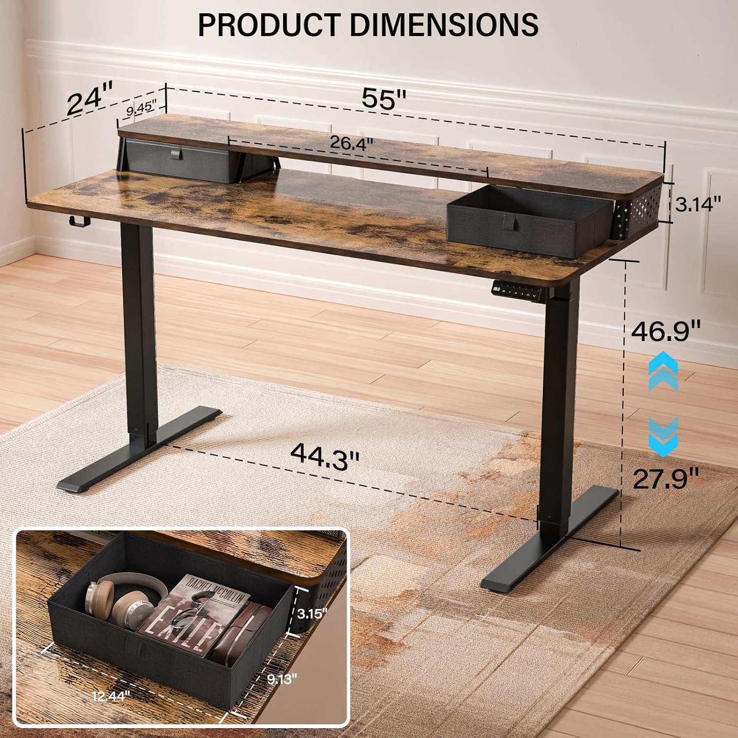 Electric Standing Desk with Two Drawers,55 x 24 Inch Sit Stand Desk Adjustable Height, Stand Up Desk with Storage Shelf, Computer Workstation for Home Office, Rustic Brown