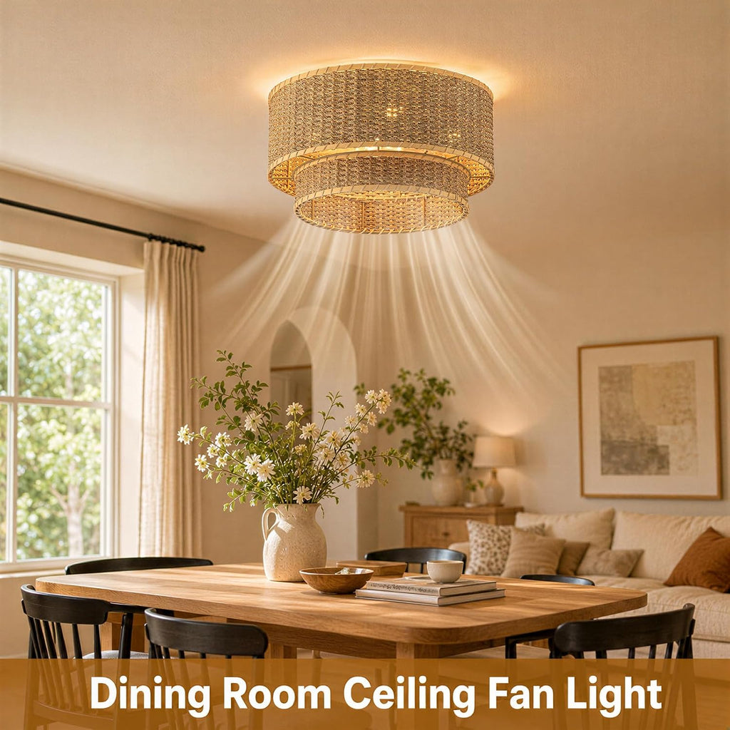 Boho Rattan Ceiling Fan with Light, Flush Mount Woven Fandelier with Remote,2-Tier Layered Caged Ceiling Fan Light Fixture, 6-Speed Reversible Low Profile Fan for Bedroom Kitchen Dining Room