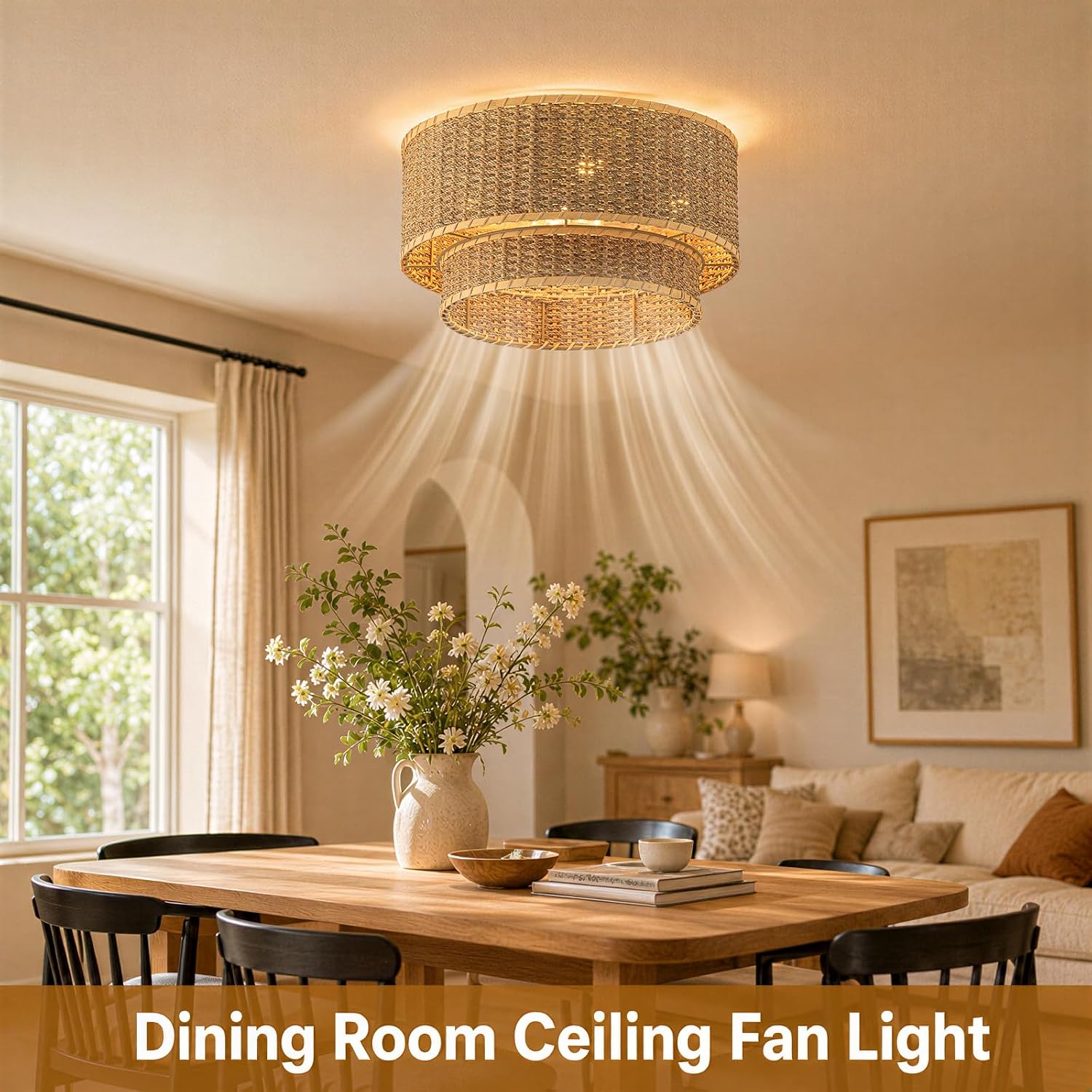 Boho Rattan Ceiling Fan with Light, Flush Mount Woven Fandelier with Remote,2-Tier Layered Caged Ceiling Fan Light Fixture, 6-Speed Reversible Low Profile Fan for Bedroom Kitchen Dining Room