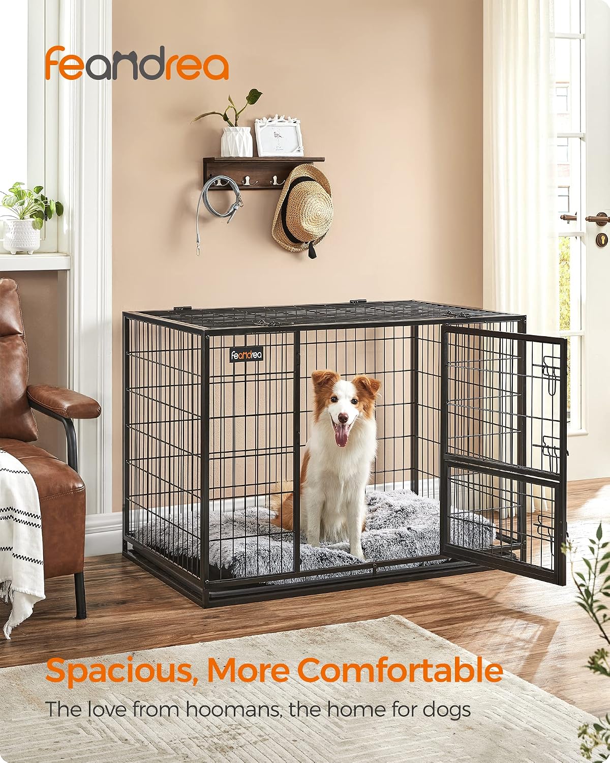 Feandrea 42.1 Inch Heavy Duty Dog Crate, Metal Escape Proof Kennel with Double Doors and Convenient Feeding Door, Removable Tray, Easy to Clean, XL Pet Crate for Large and Medium Dogs, Black