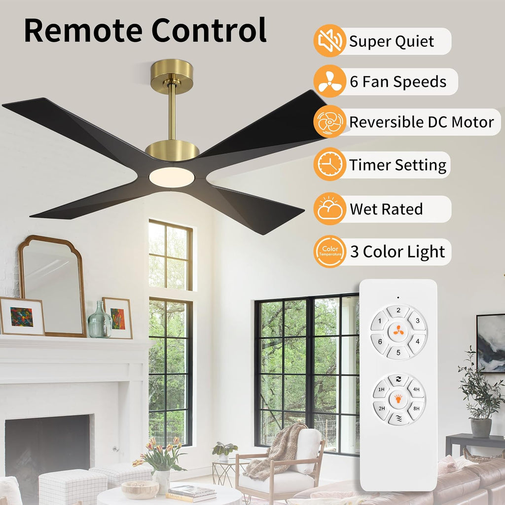 WINGBO 64' Wet Rated Outdoor Ceiling Fan with Lights, 4 ABS Plastic Blades, Reversible DC Motor, 6-Speed Remote Control, 3 CCT, Waterproof Ceiling Fan for Patio Porch Gazebo Garage, Brass and Black