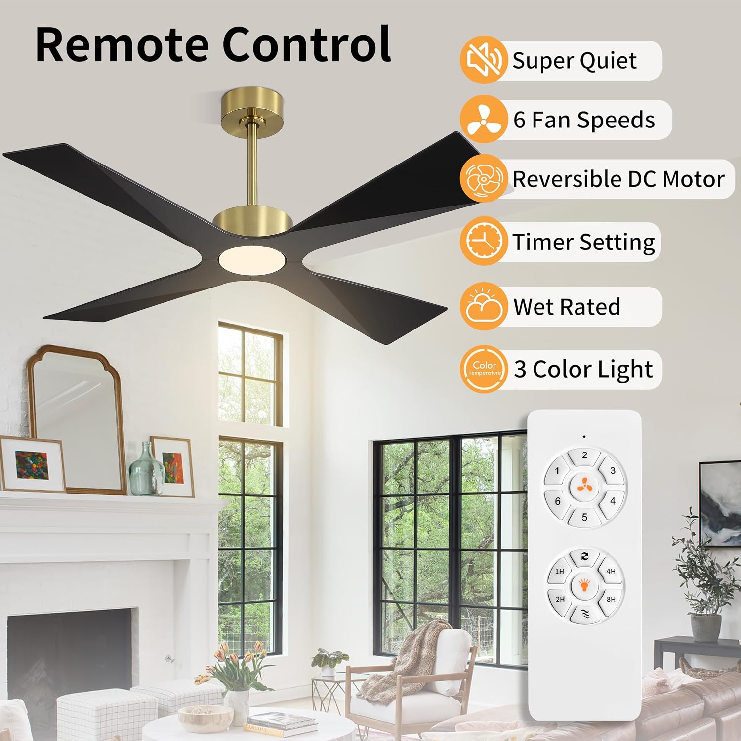 WINGBO 64' Wet Rated Outdoor Ceiling Fan with Lights, 4 ABS Plastic Blades, Reversible DC Motor, 6-Speed Remote Control, 3 CCT, Waterproof Ceiling Fan for Patio Porch Gazebo Garage, Brass and Black